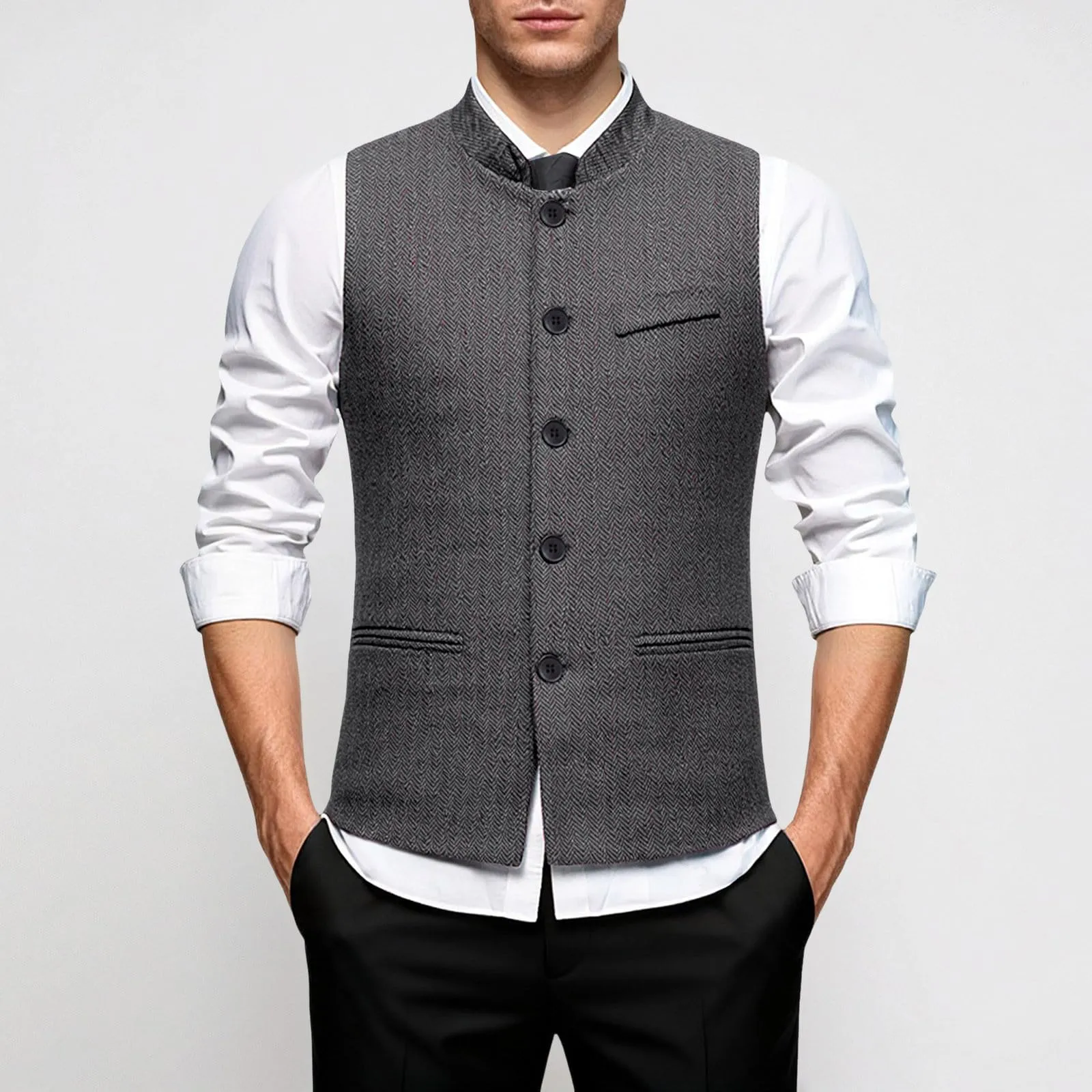Generisch Gilet da uomo slim fit con colletto alto, grigio, XL - immagine 2