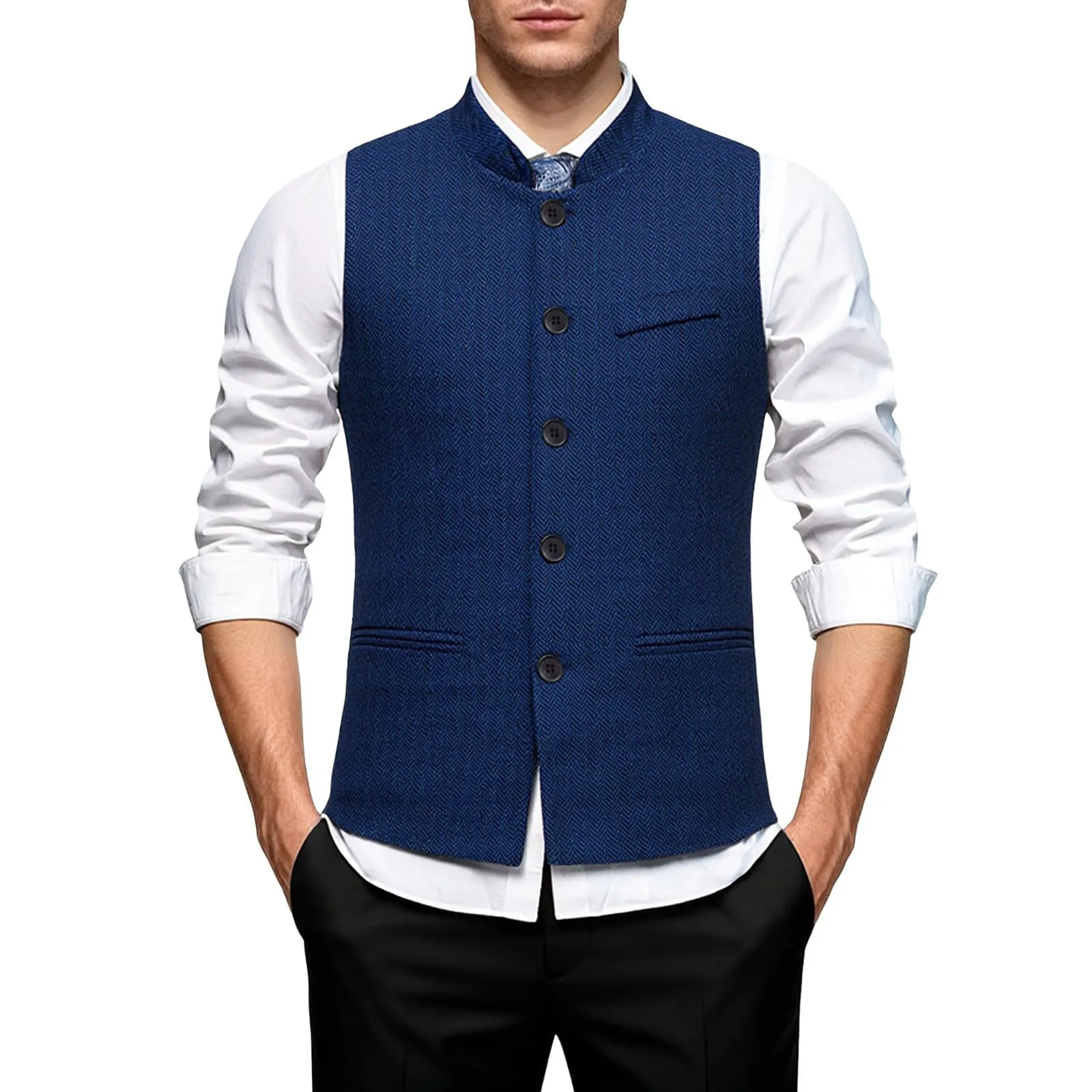 Generisch Gilet da uomo slim fit con colletto alto, Blu mare, XL - immagine 1