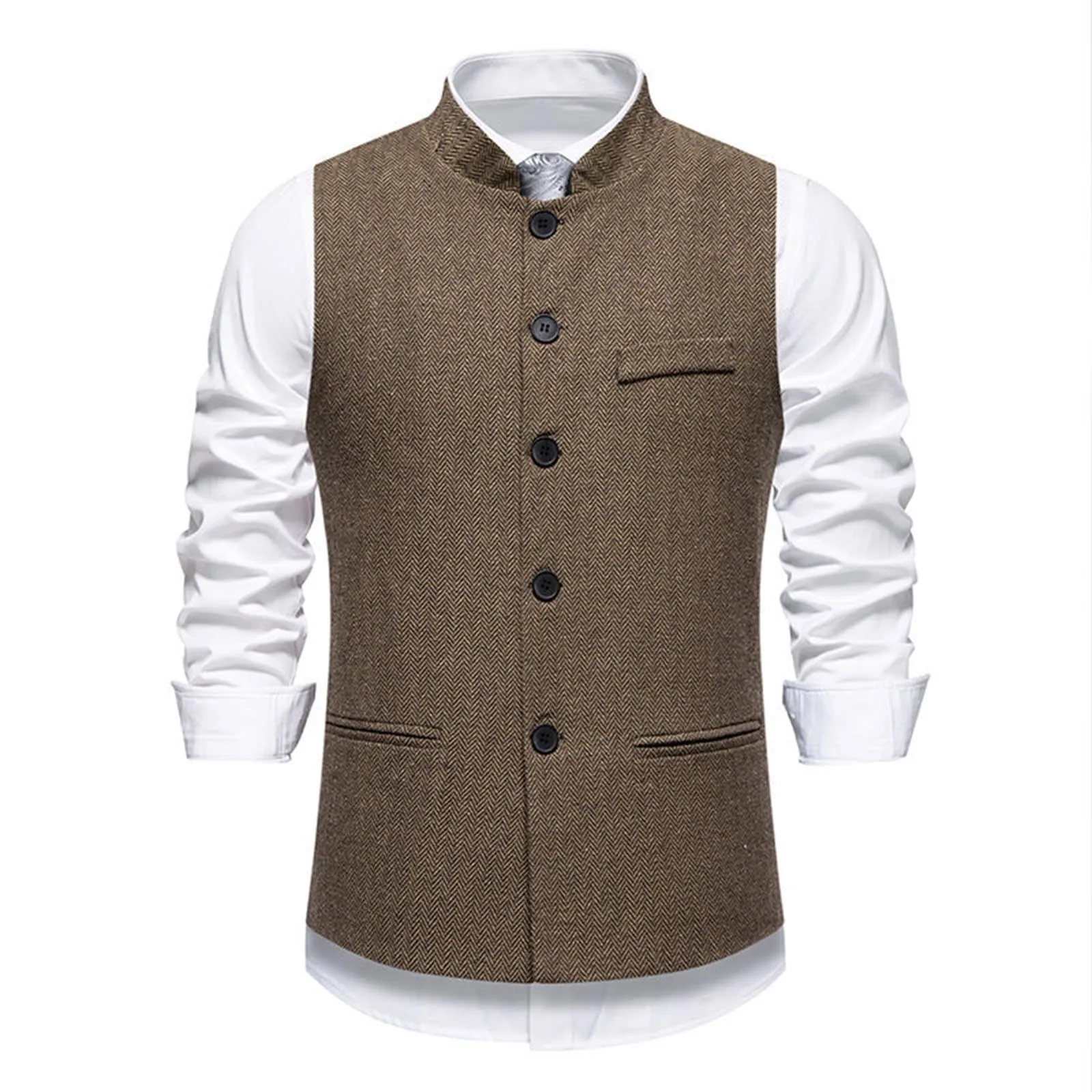 Generisch Gilet da uomo slim fit, colletto alto, caffè, S - immagine 4