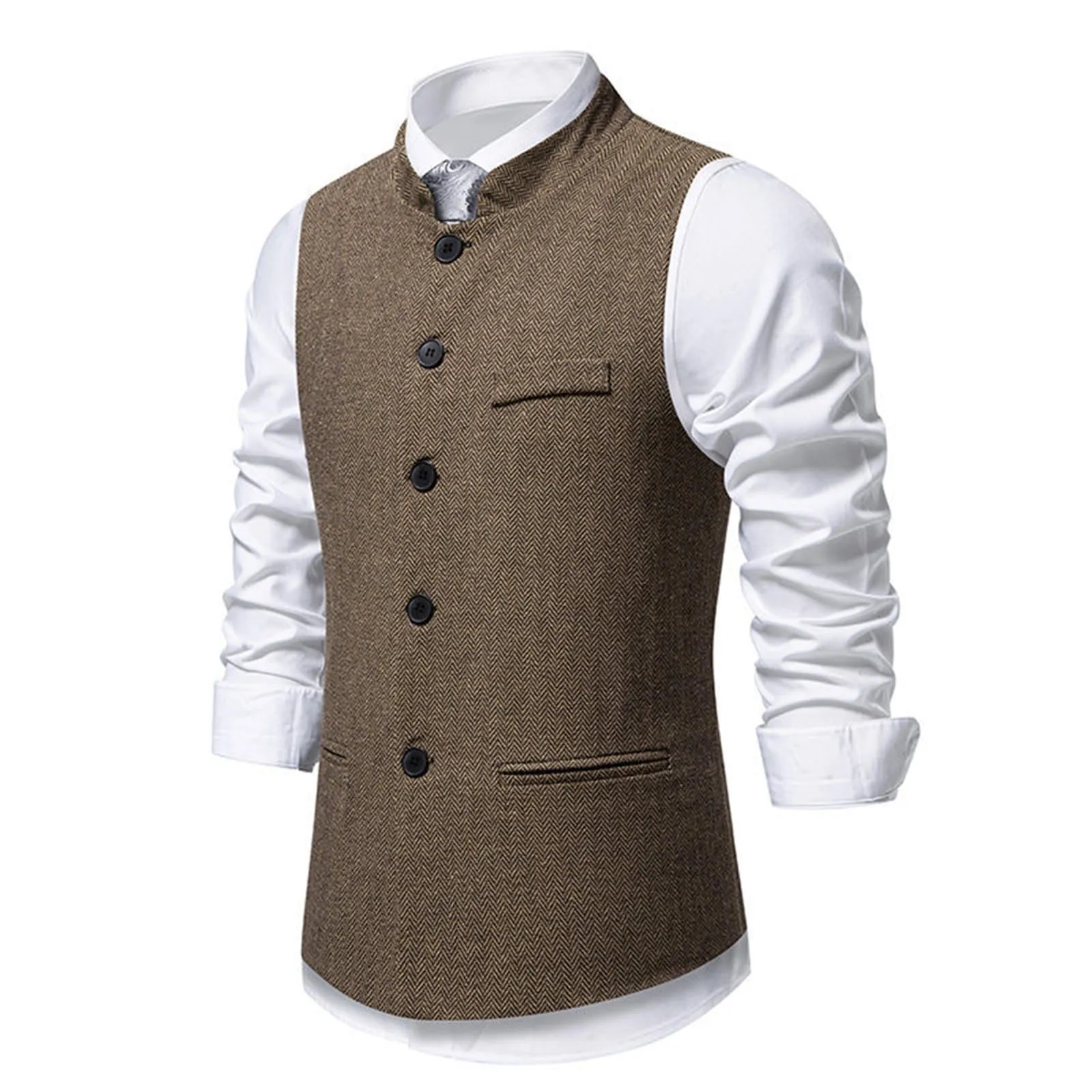 Generisch Gilet da uomo slim fit con colletto alto, caffè, L - immagine 5