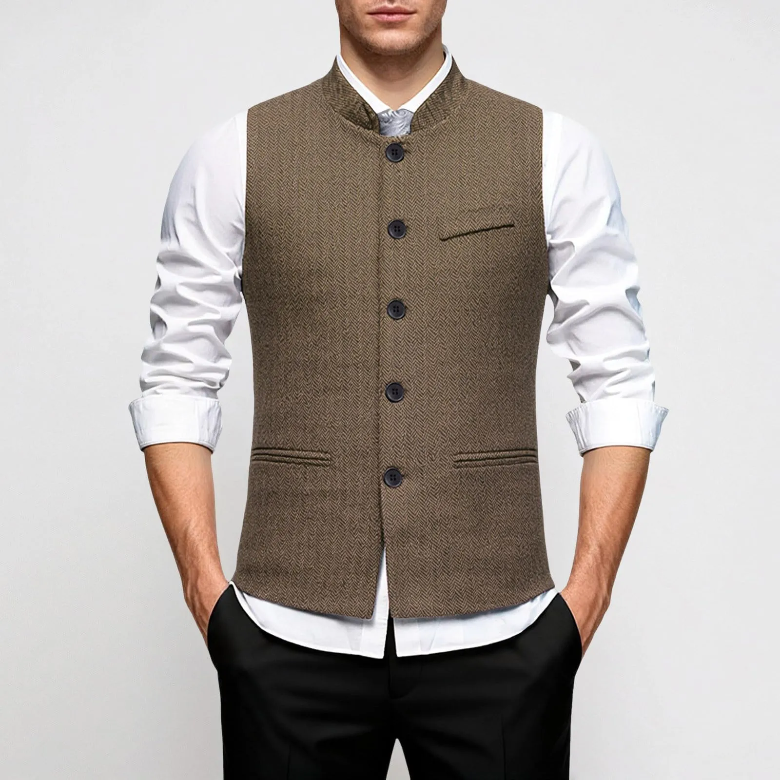Generisch Gilet da uomo slim fit colletto alto caffè M - immagine 2