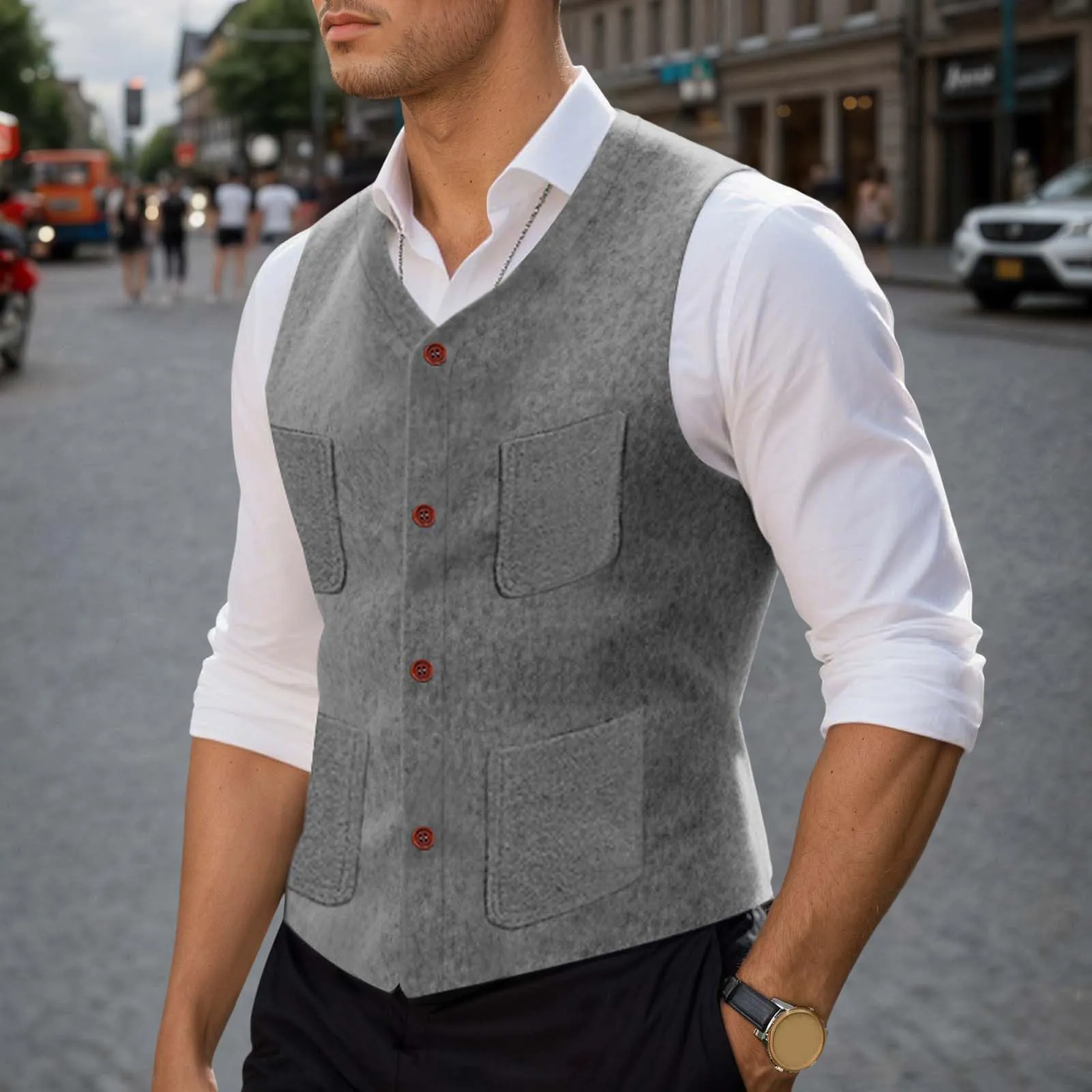 Generisch Gilet da uomo con colletto alto, slim fit, grigio chiaro, L - immagine 2