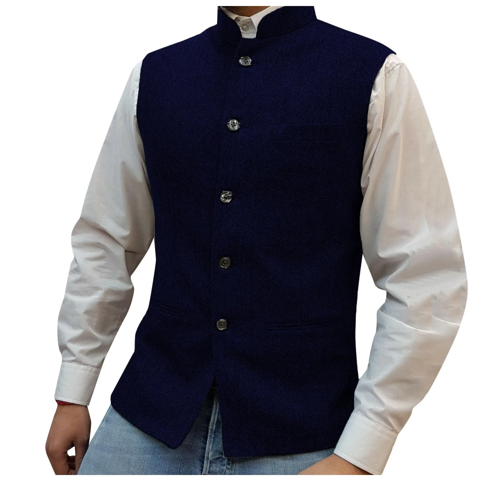 Generisch Gilet da Uomo Slim Fit con Colletto Alto, Blu Marino, M - immagine 1