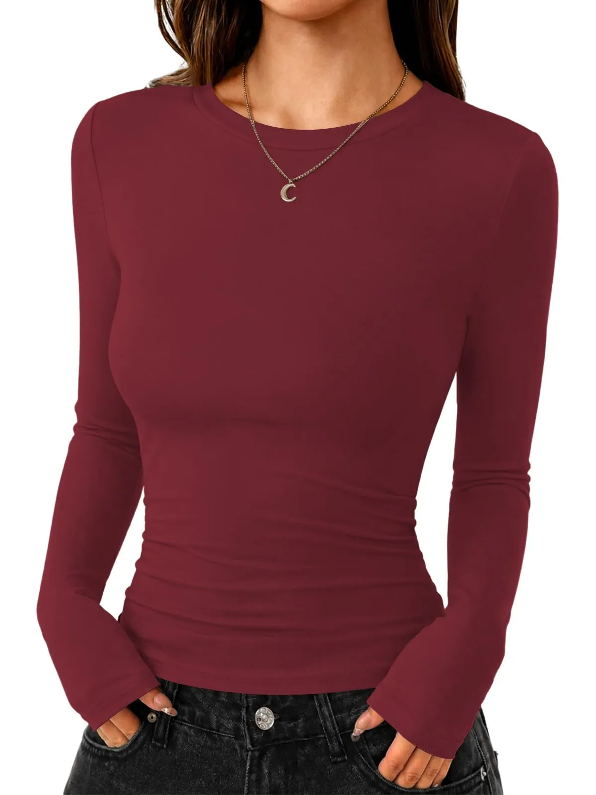Cuptacc Maglietta a Maniche Lunghe da Donna, Girocollo, Slim Fit, Tinta Unita, Rosso Vivo - immagine 2