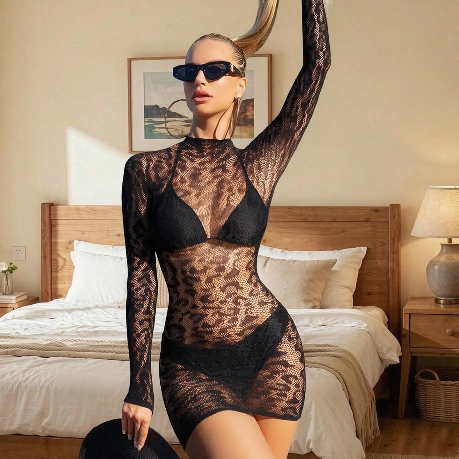 KUAIQI Body a Rete Leopardato da Donna, Nero - immagine 3