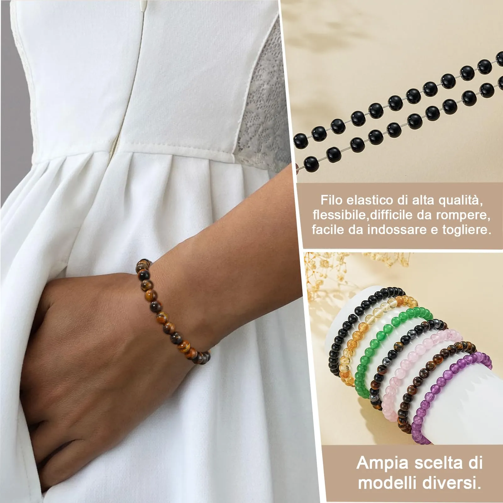 Aretas Bracciale in Perline di Cristallo e Pietra Naturale per Donna, Taglia Unica - immagine 7