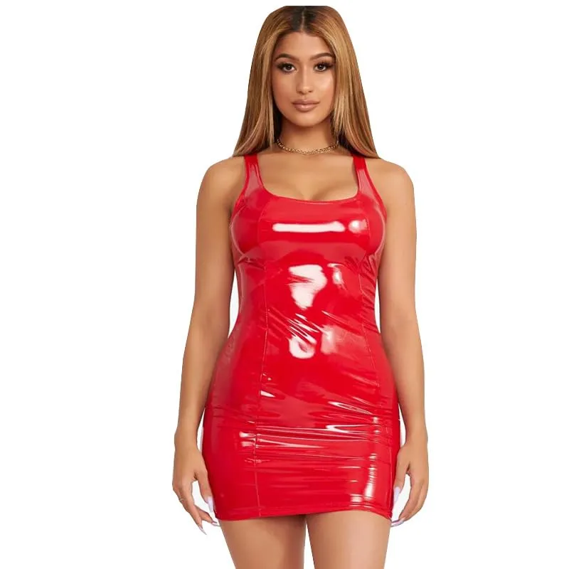 THSCWY Mini Abito da Donna in Ecopelle e Lattice, Rosso, L - immagine 1