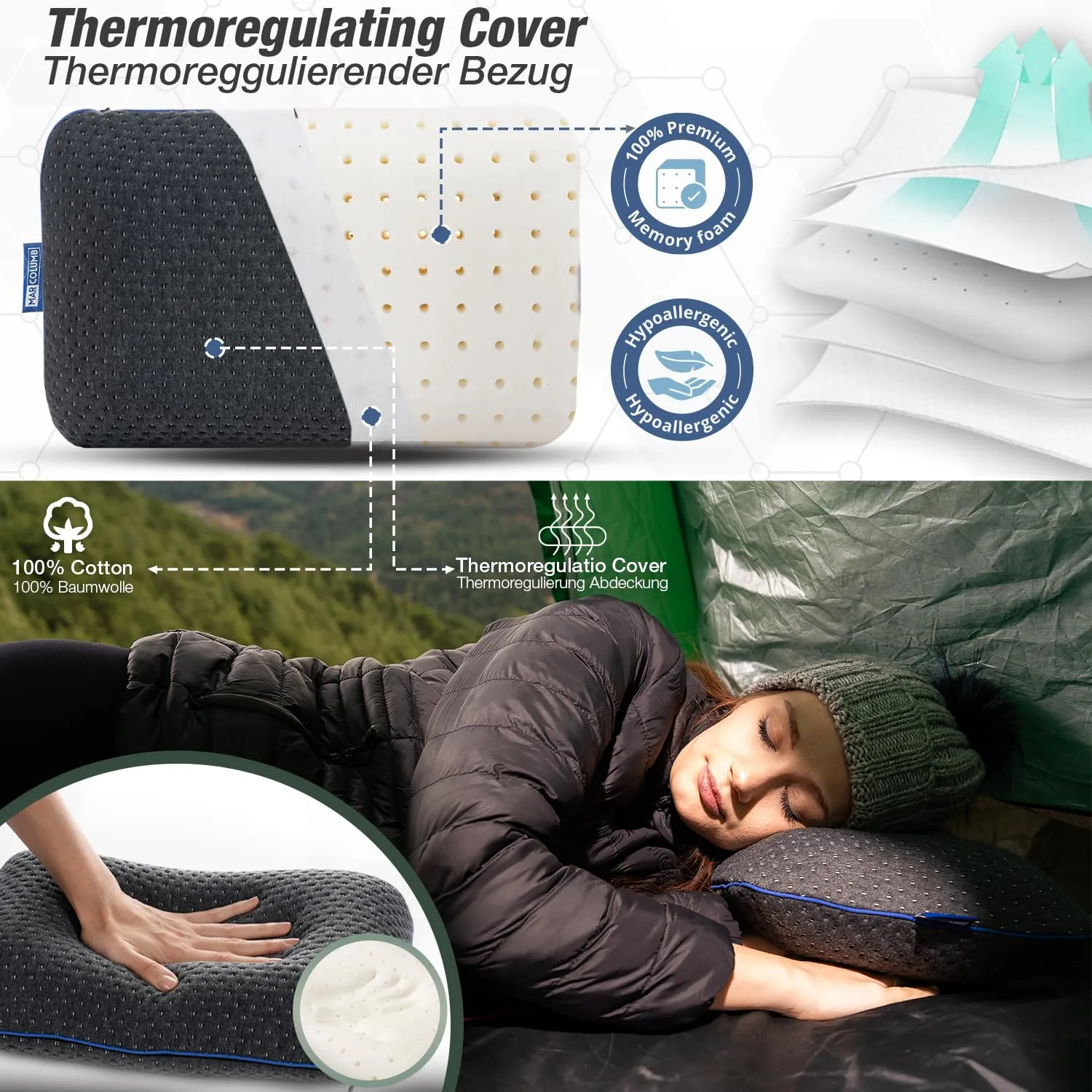 Marcolumb Cuscino da viaggio in memory foam con federa termoregolante e borsa impermeabile - immagine 6