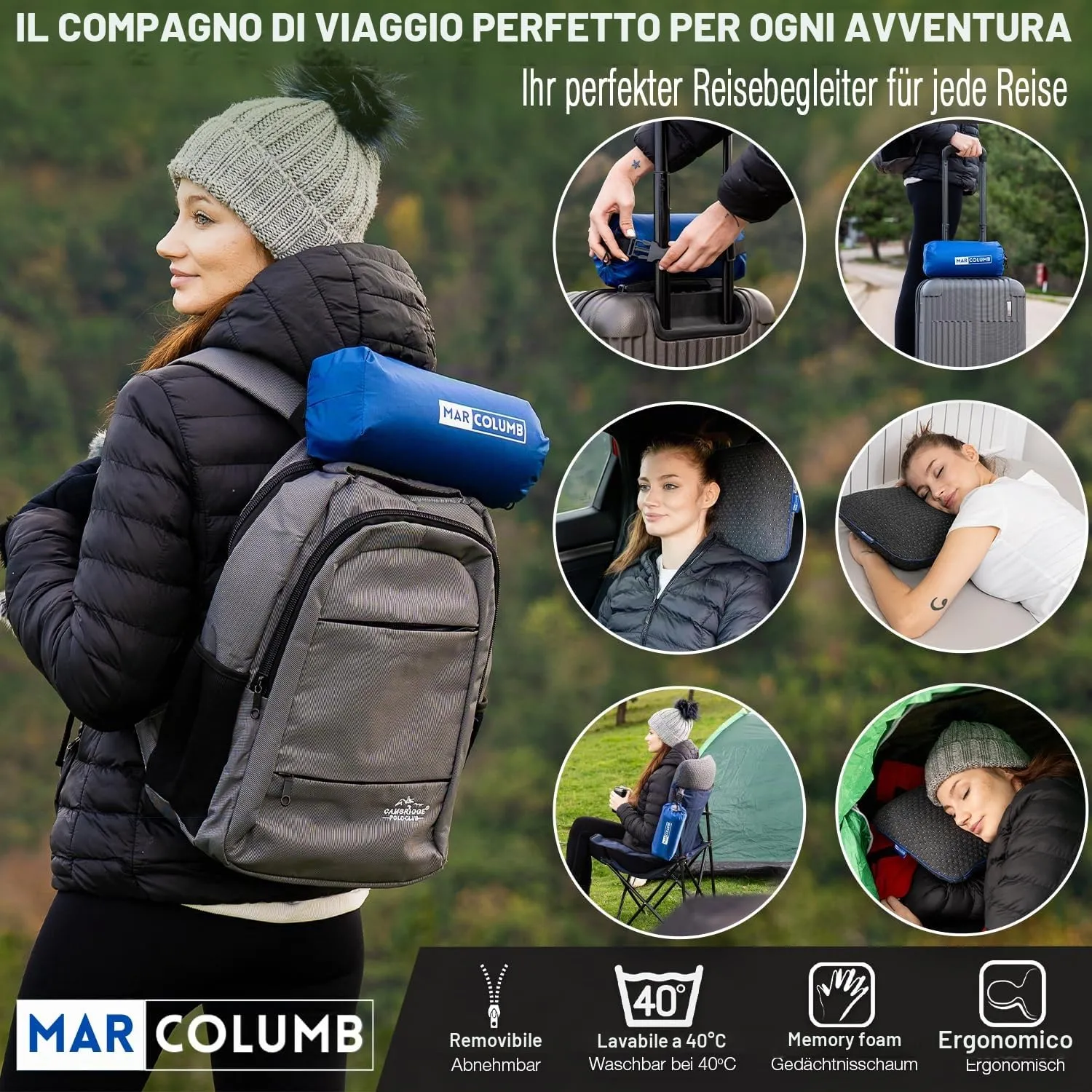 Marcolumb Cuscino da viaggio in memory foam con federa termoregolante e borsa impermeabile - immagine 7
