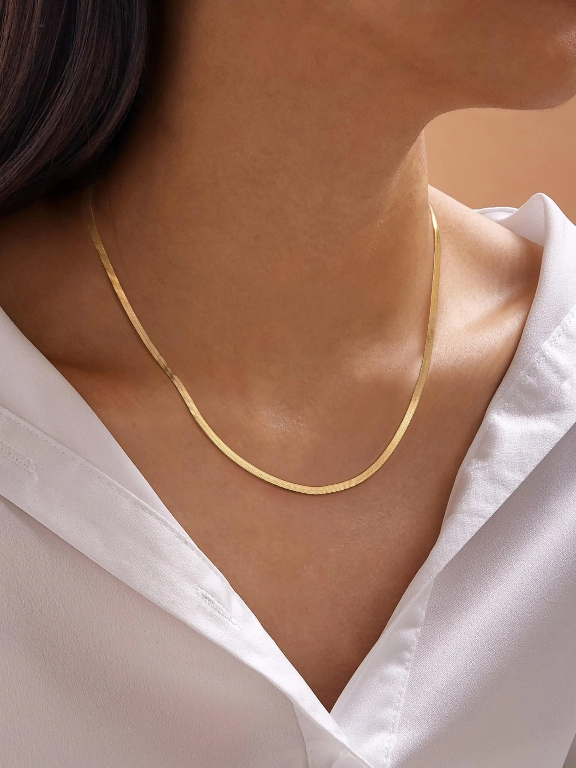 BodyBonita Collana a Spina di Pesce Donna, Argento Sterling 925 Placcato Oro 16K, 3mm, 14 Pollici - immagine 3