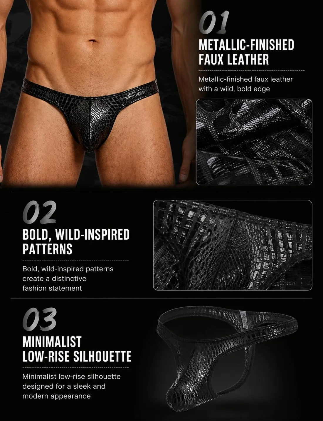 sunshinelady Perizoma da uomo a vita bassa senza cuciture motivo serpente nero XL - immagine 5