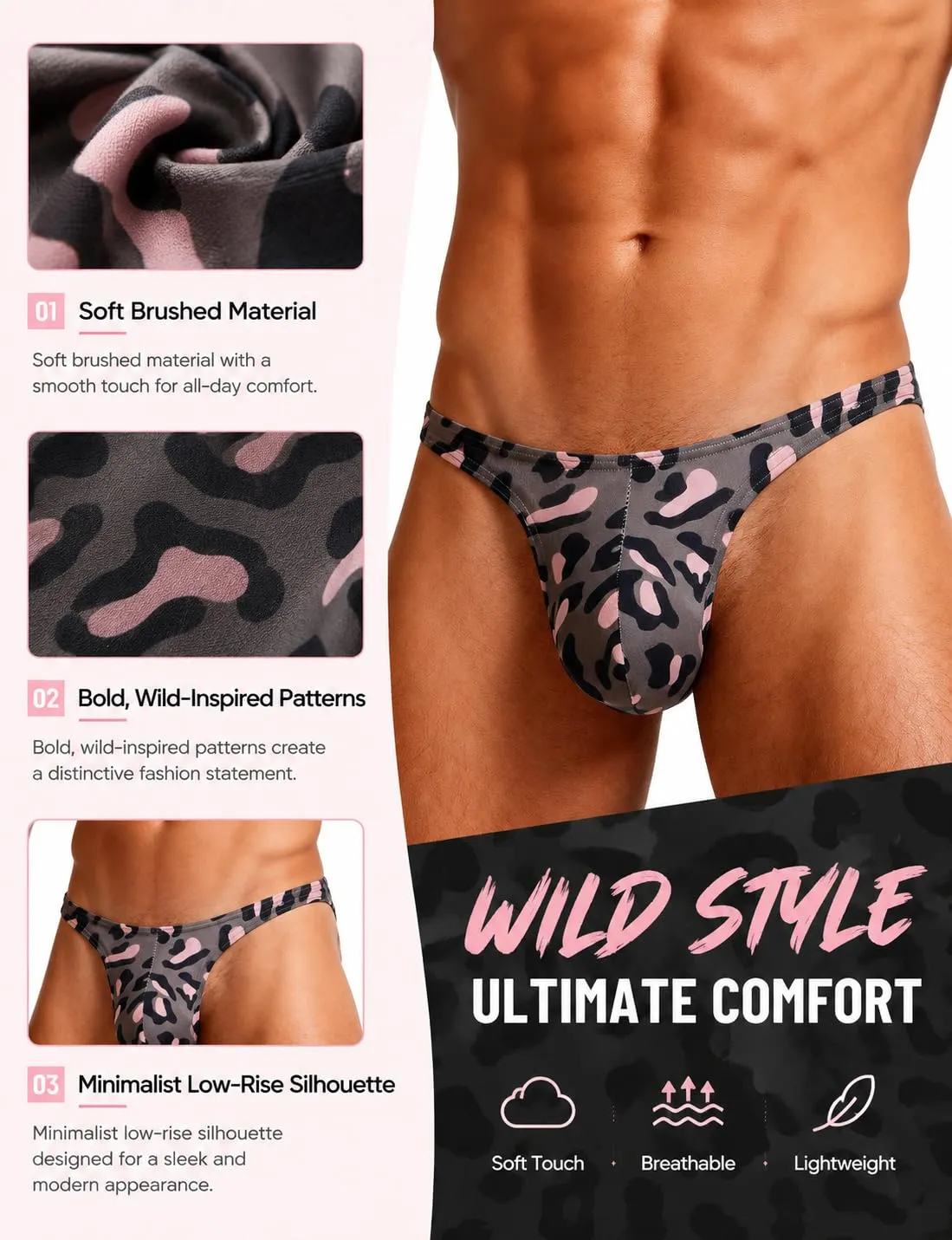 sunshinelady Perizoma Uomo Tanga Traspirante Vita Bassa Leopardato Rosa Grigio XL - immagine 5