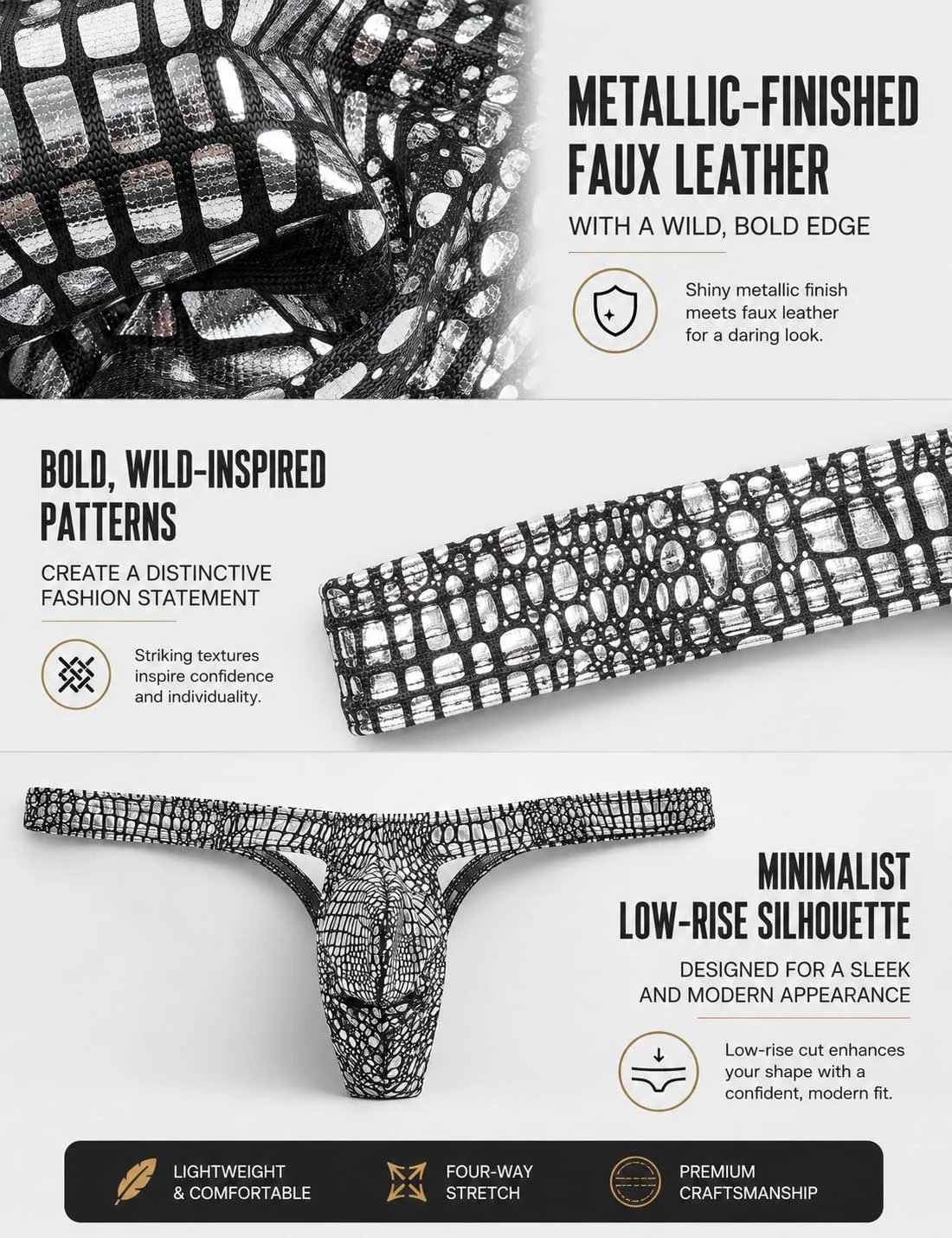 Sunshinelady Perizoma Tanga da Uomo Sexy a Vita Bassa con Motivo Animalier Argento - immagine 4