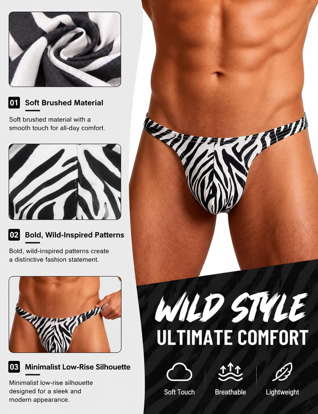 sunshinelady Perizoma Uomo Tanga Traspirante Vita Bassa Zebrato XL - immagine 4