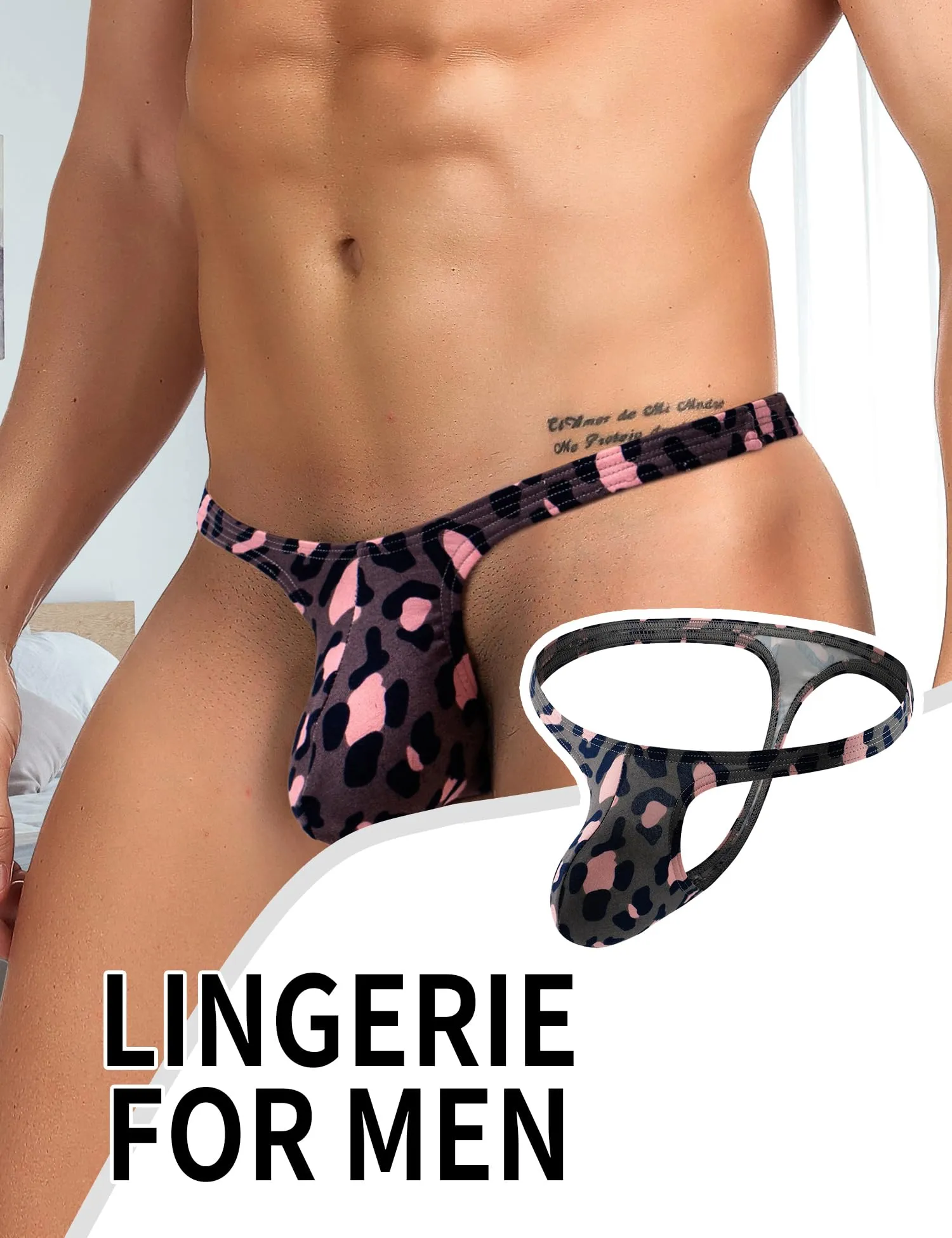 sunshinelady Perizoma Uomo Tanga Traspirante Vita Bassa Leopardato Rosa Grigio L - immagine 4