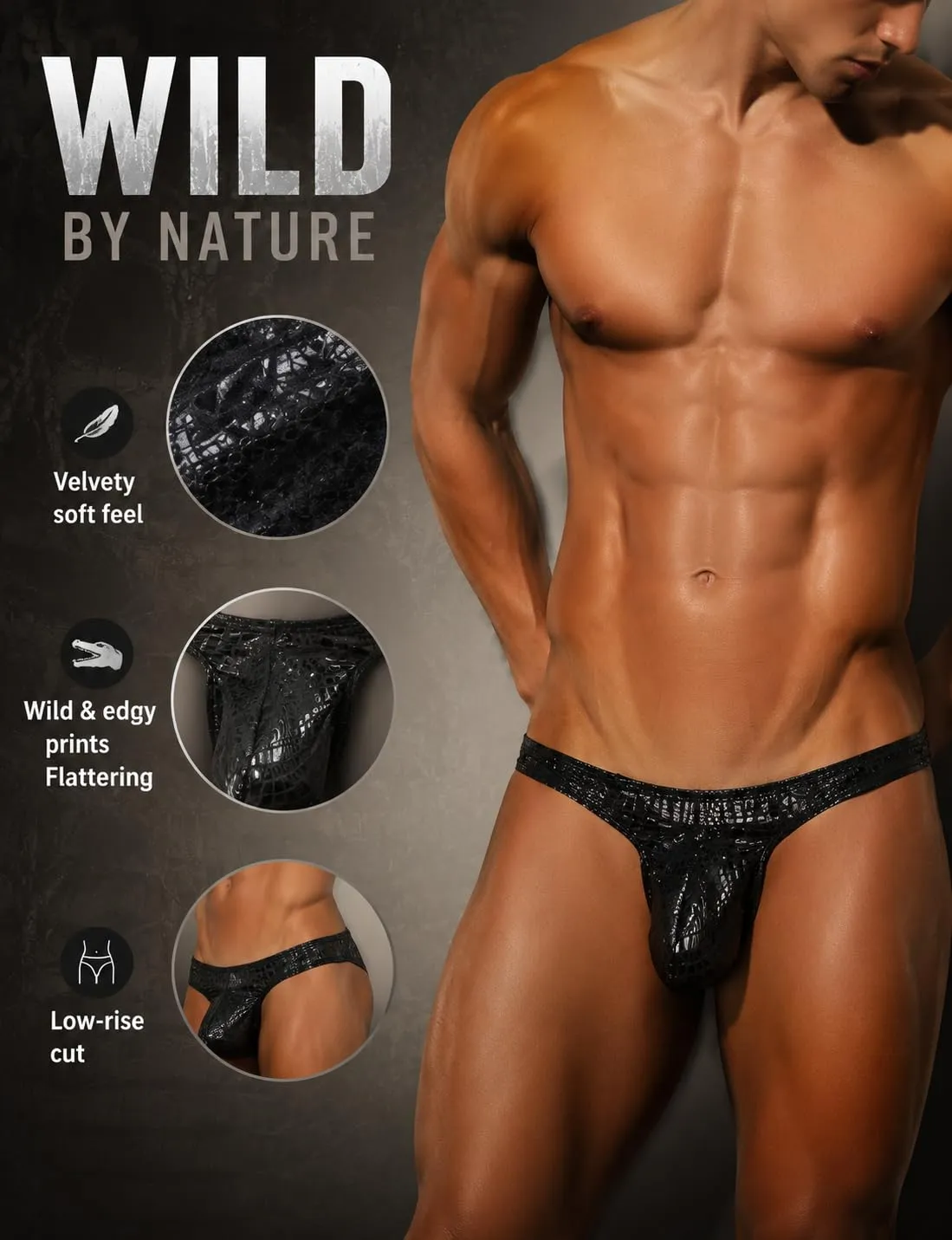 Sunshinelady Perizoma da Uomo Tanga Sexy a Vita Bassa con Borsa, Motivo Serpente, Nero - immagine 4