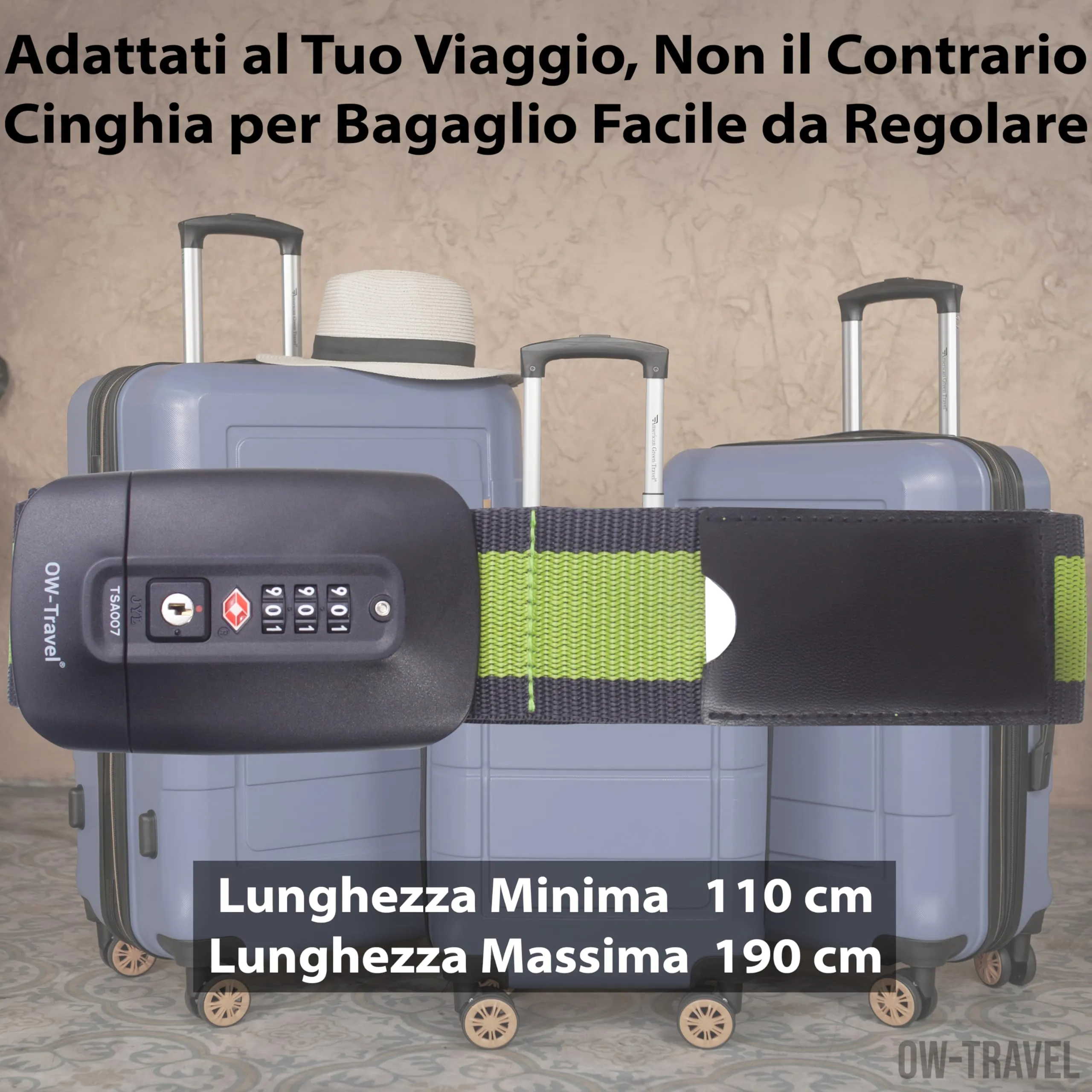OW-Travel Cinghia per Valigia TSA con Chiusura, Grigio/Verde - immagine 5