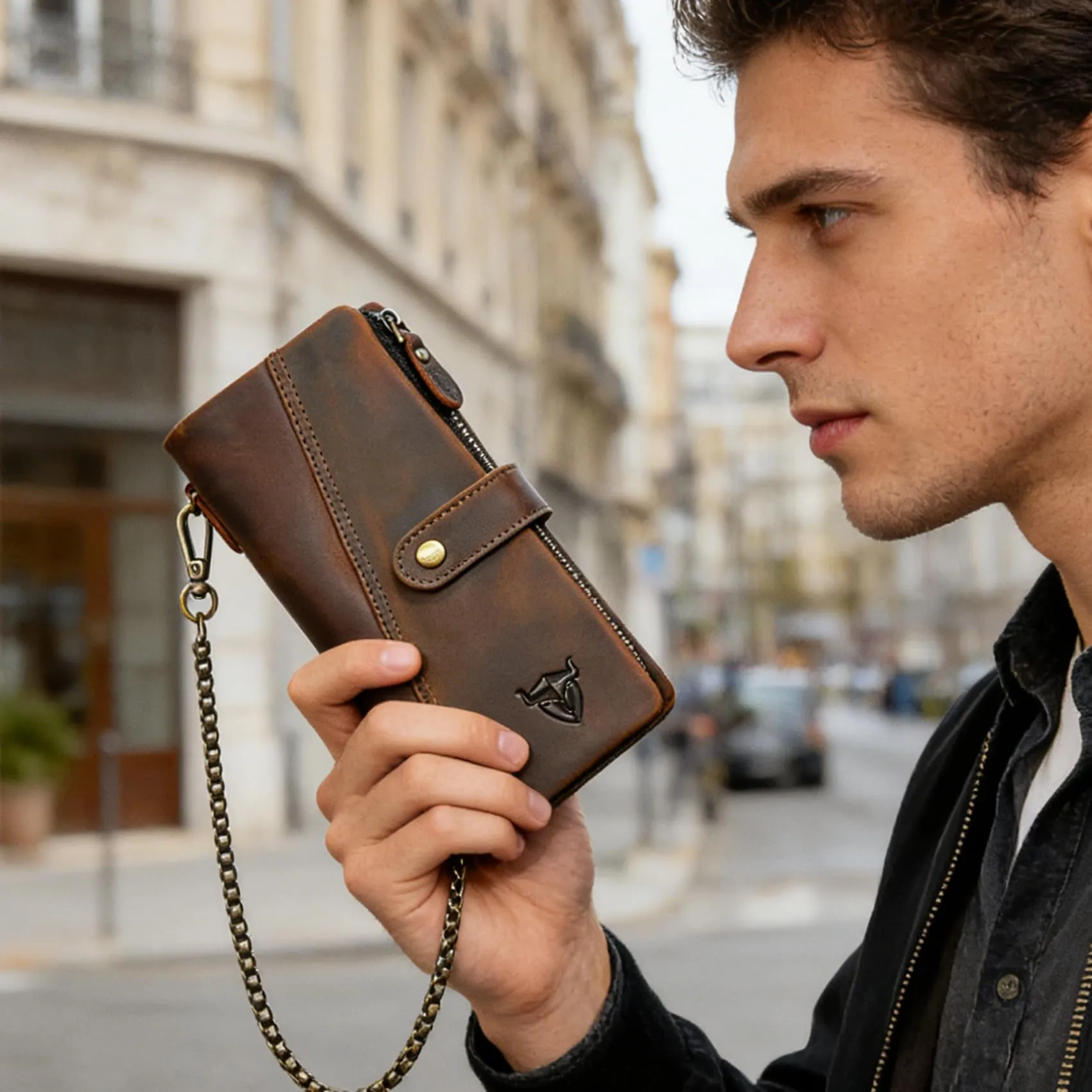 Handadsume Portafoglio in Pelle RFID per Uomo con Catena e Tasca per Monete, Modello 1803 Marrone - immagine 3