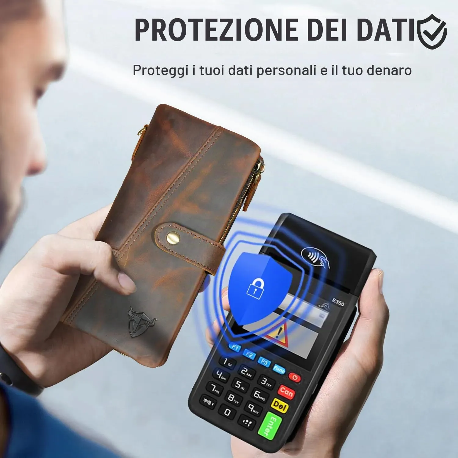Handadsume Portafoglio in Pelle RFID per Uomo con Catena e Tasca per Monete, Modello 1803 Marrone - immagine 4