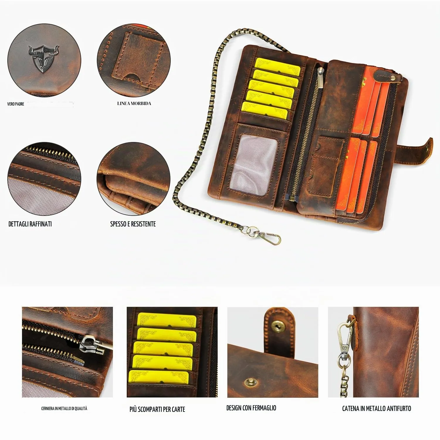 Handadsume Portafoglio in Pelle RFID per Uomo con Catena e Tasca per Monete, Modello 1803 Marrone - immagine 5