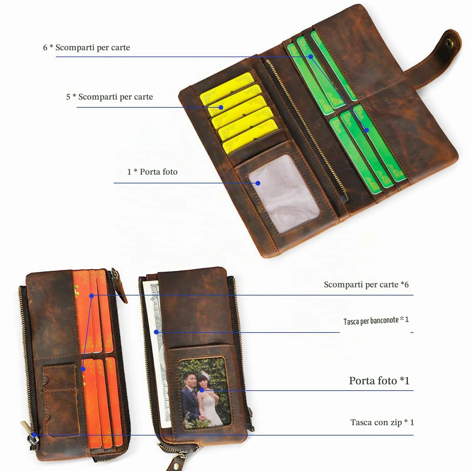 Handadsume Portafoglio in Pelle RFID per Uomo con Catena e Tasca per Monete, Modello 1803 Marrone - immagine 6