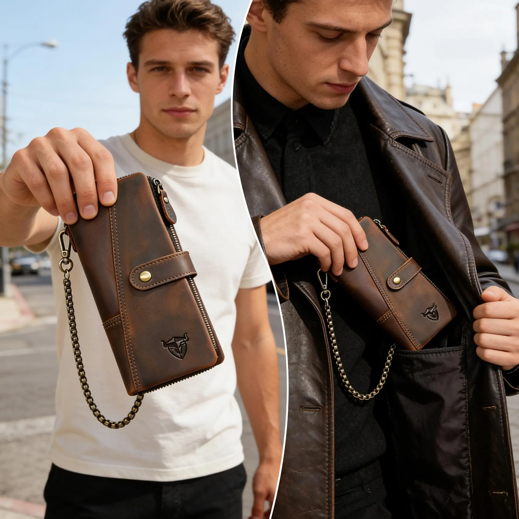 Handadsume Portafoglio in Pelle RFID per Uomo con Catena e Tasca per Monete, Modello 1803 Marrone - immagine 7