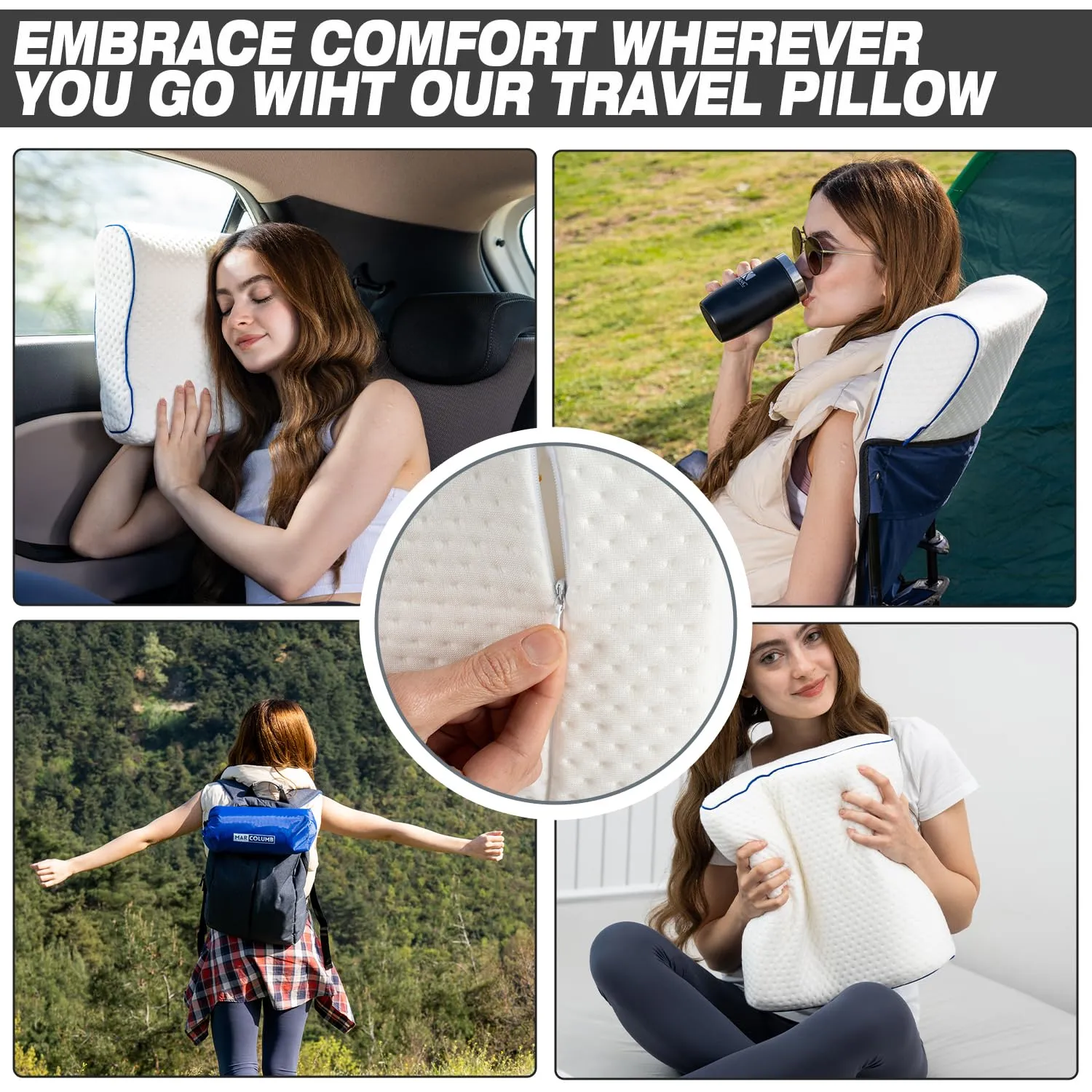 Marcolumb Cuscino in Memory Foam per Viaggi e Campeggio con Borsa Portatile e Federa Termoregolatrice, Contorno Bianco - immagine 2