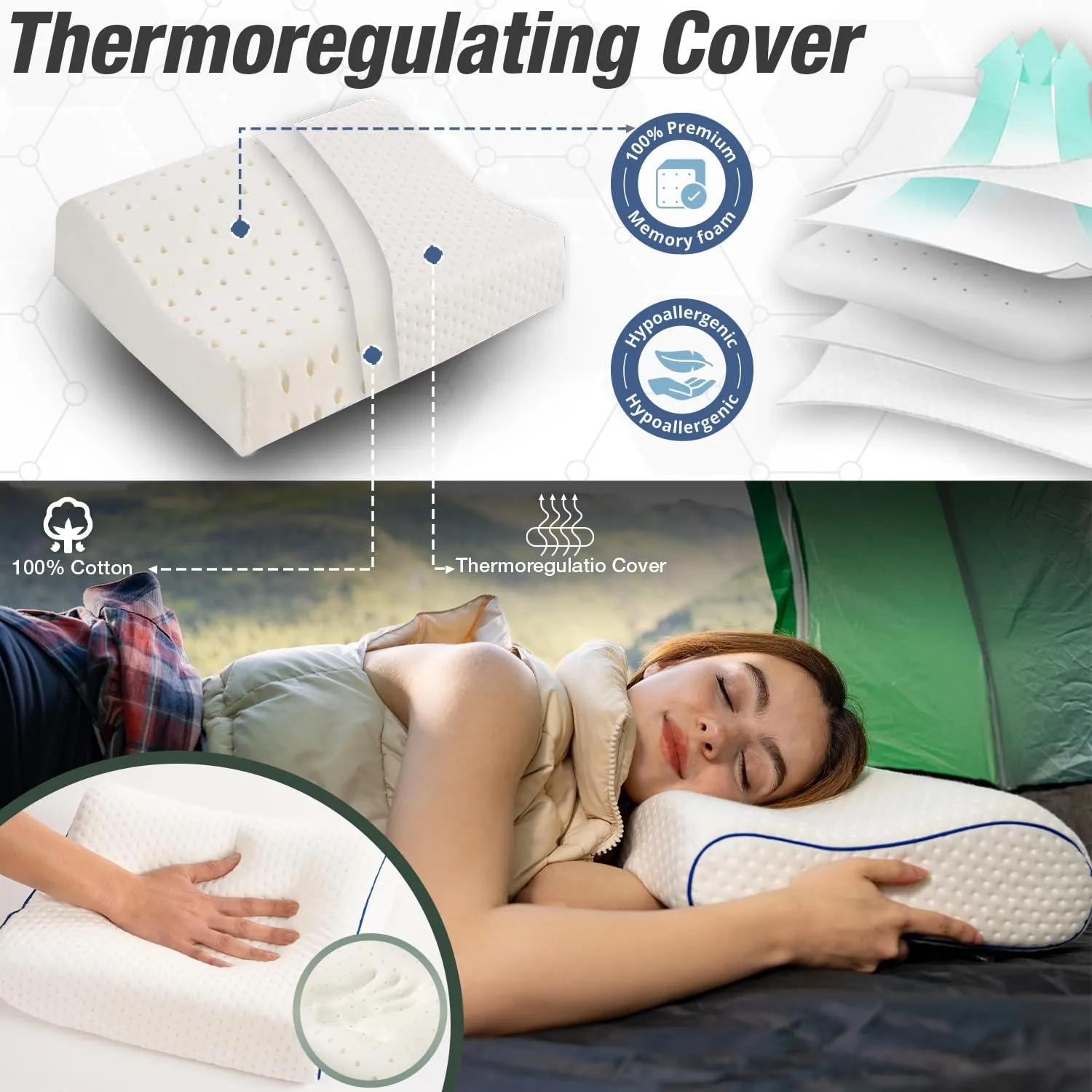 Marcolumb Cuscino in Memory Foam per Viaggi e Campeggio con Borsa Portatile e Federa Termoregolatrice, Contorno Bianco - immagine 5