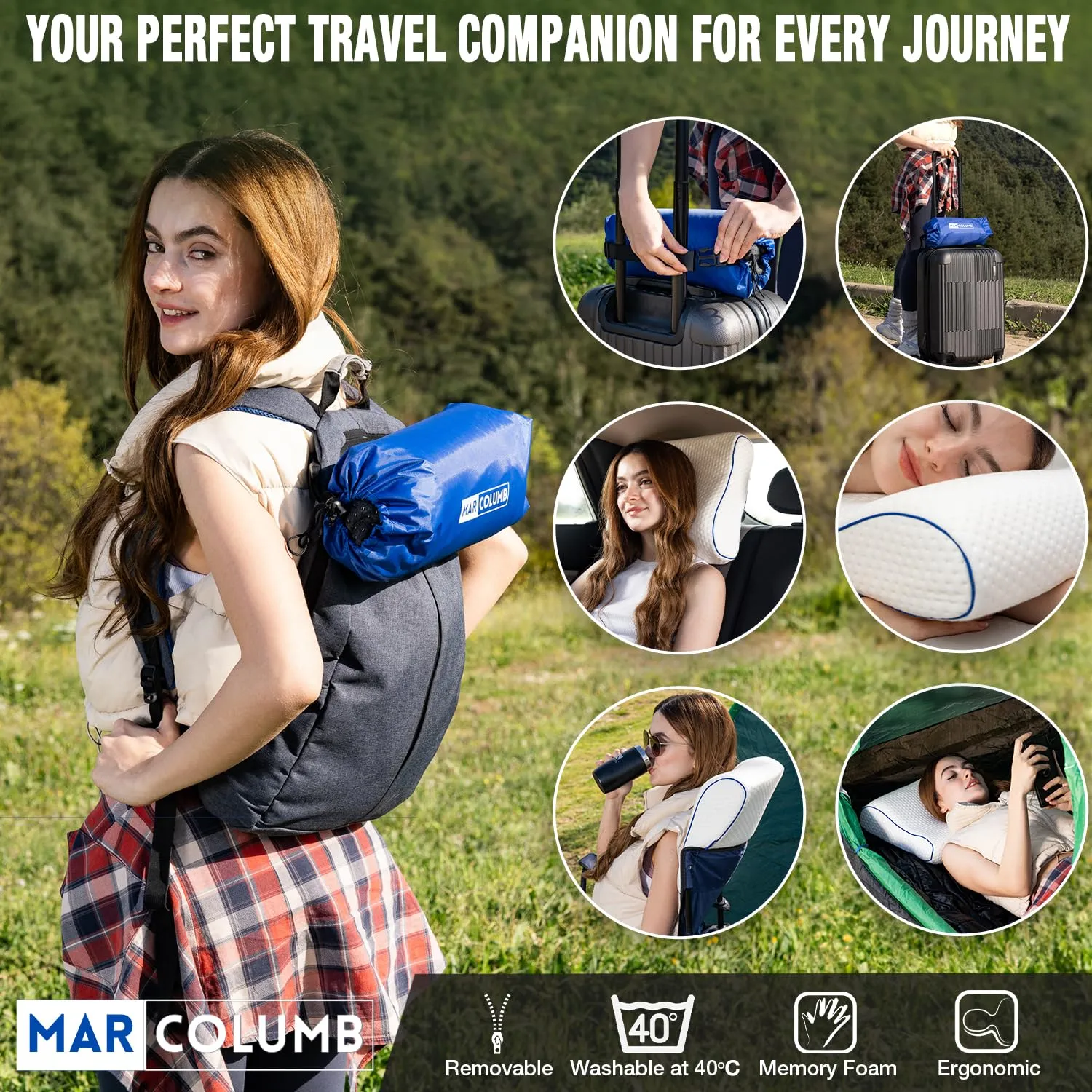Marcolumb Cuscino in Memory Foam per Viaggi e Campeggio con Borsa Portatile e Federa Termoregolatrice, Contorno Bianco - immagine 6