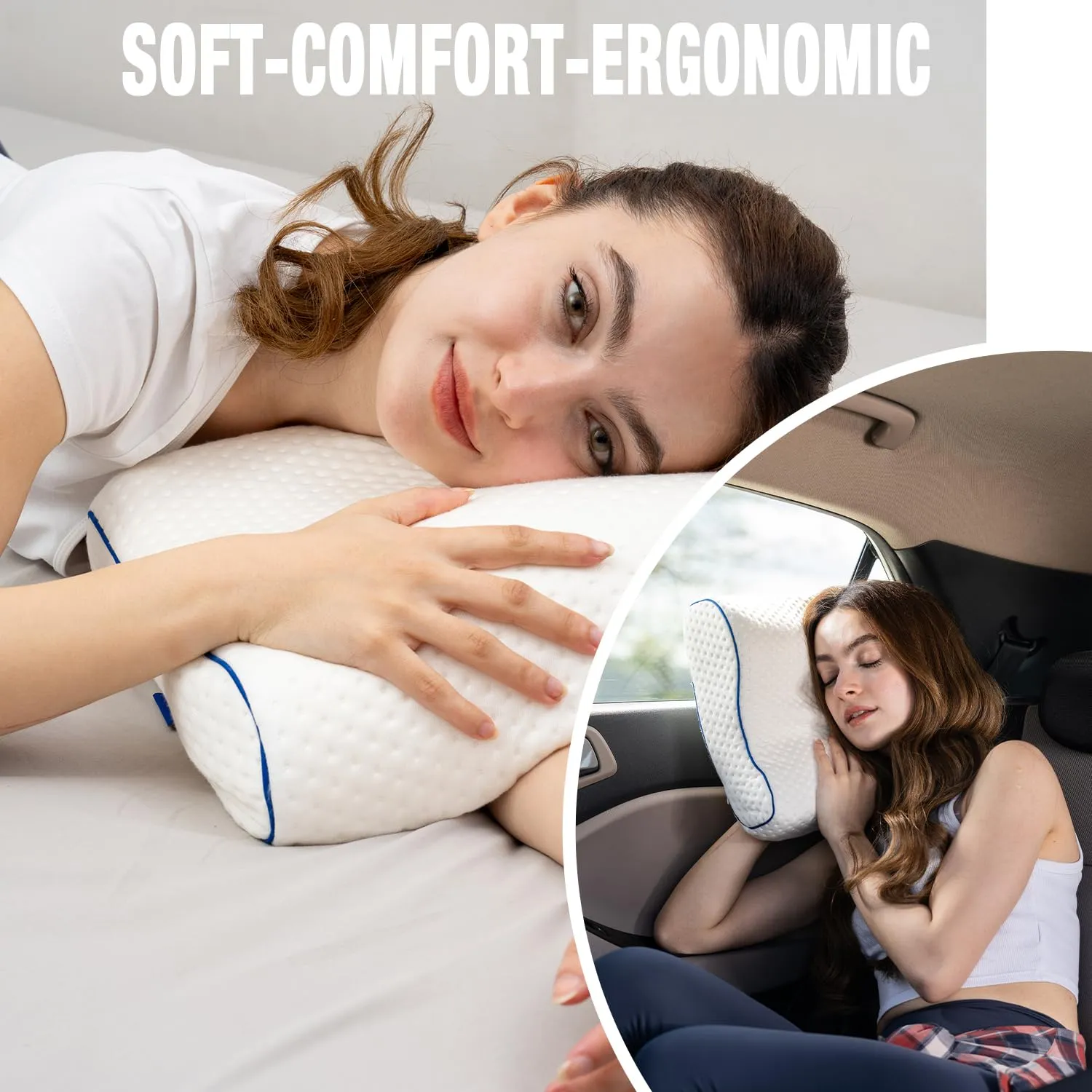 Marcolumb Cuscino in Memory Foam per Viaggi e Campeggio con Borsa Portatile e Federa Termoregolatrice, Contorno Bianco - immagine 7