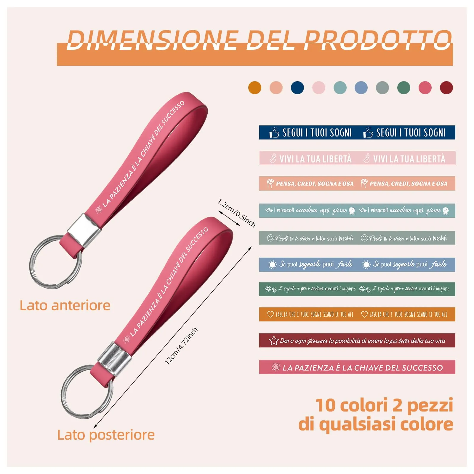 Yuecda Portachiavi Motivazionali in Silicone con Testo in Italiano, Multicolore (Set da 20) - immagine 3