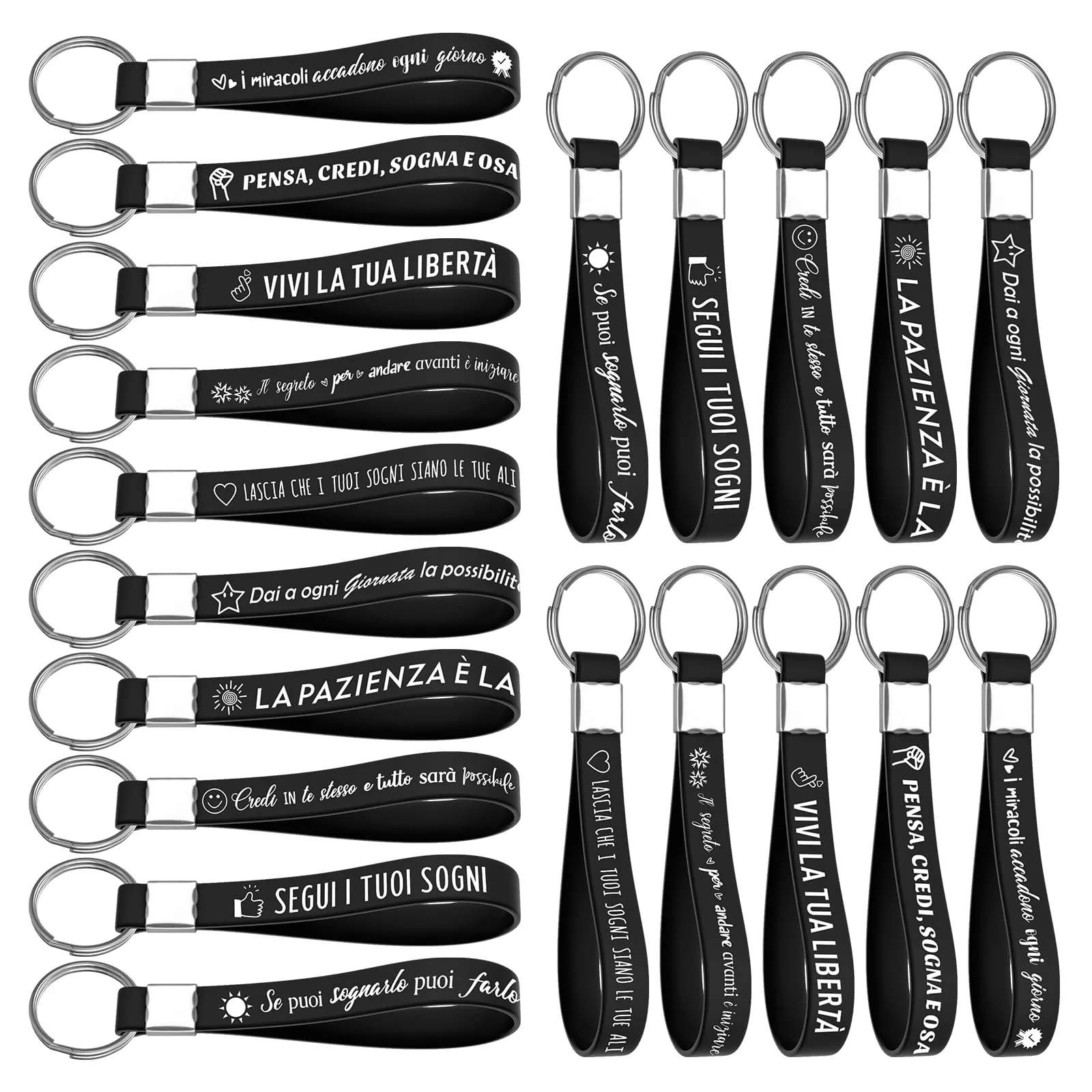 Yuecda Portachiavi Motivazionali in Silicone con Testo in Italiano, Nero, Set da 20 Pezzi - immagine 1