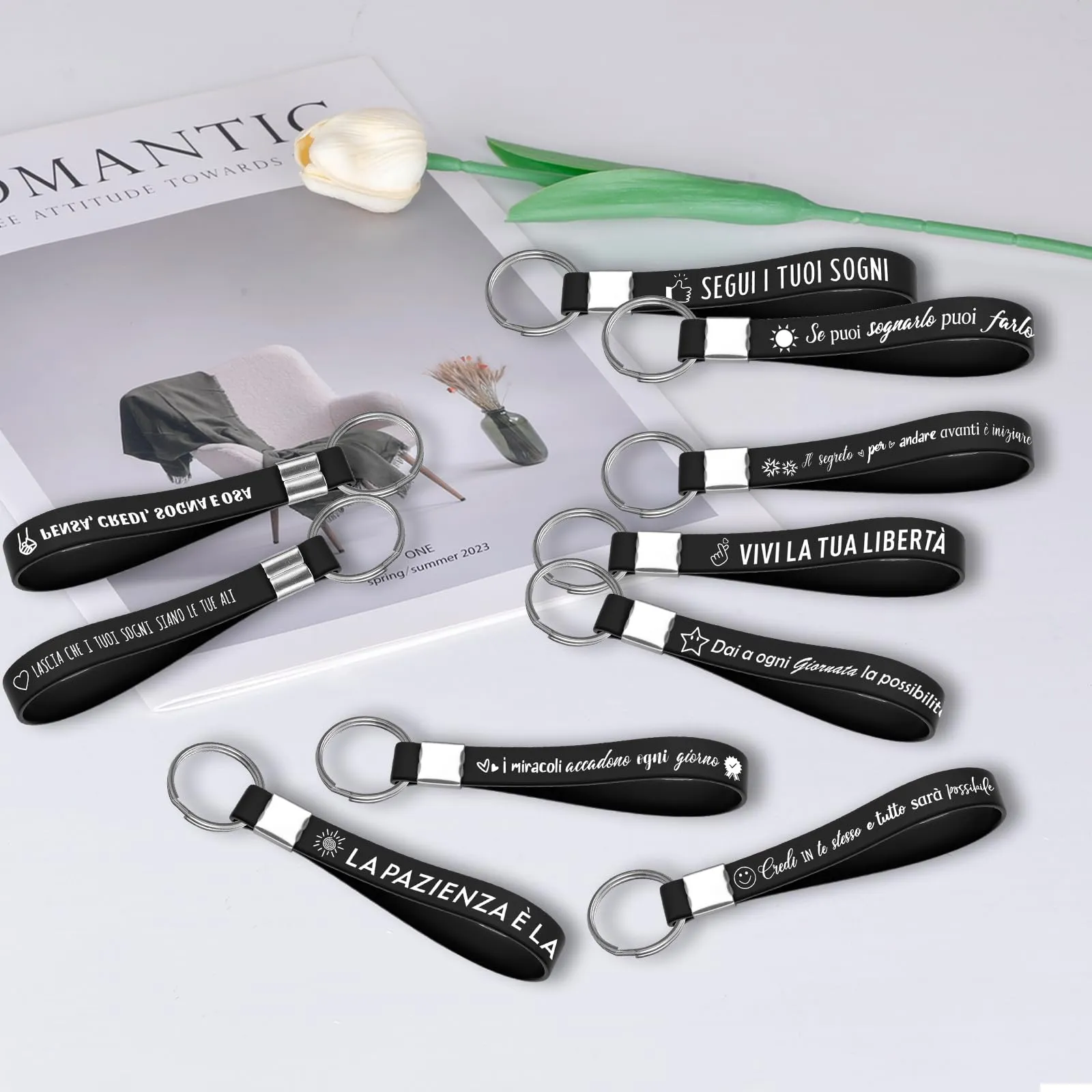 Yuecda Portachiavi Motivazionali in Silicone con Testo in Italiano, Nero, Set da 20 Pezzi - immagine 3