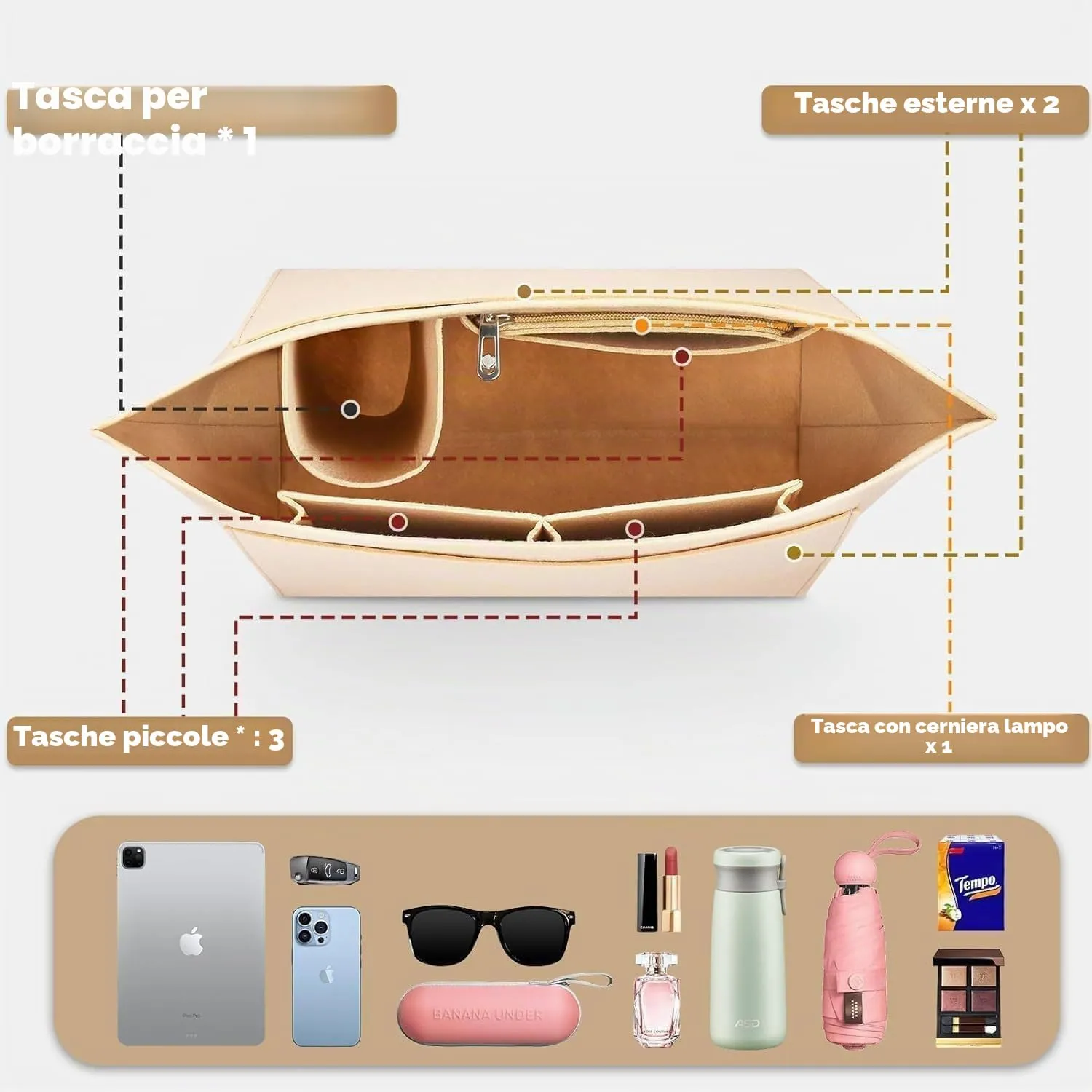 YeahBoom Organizer per Borse Longchamp L in Feltro con Scomparti Multipli, Pieghevole - immagine 4