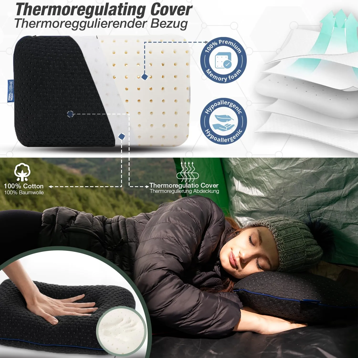 Marcolumb Cuscino da viaggio in memory foam con federa termoregolante e borsa impermeabile - immagine 6