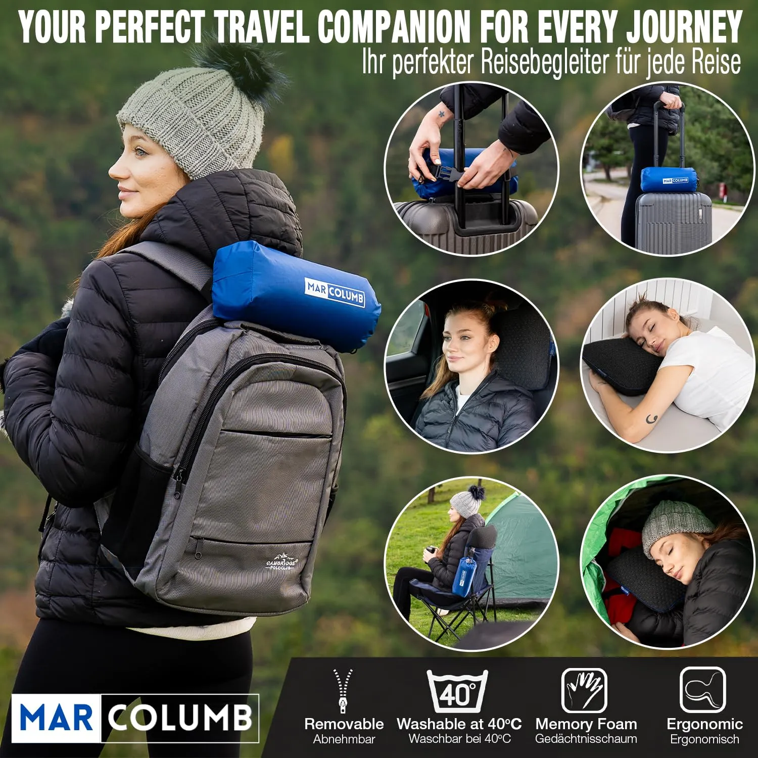 Marcolumb Cuscino da viaggio in memory foam con federa termoregolante e borsa impermeabile - immagine 7