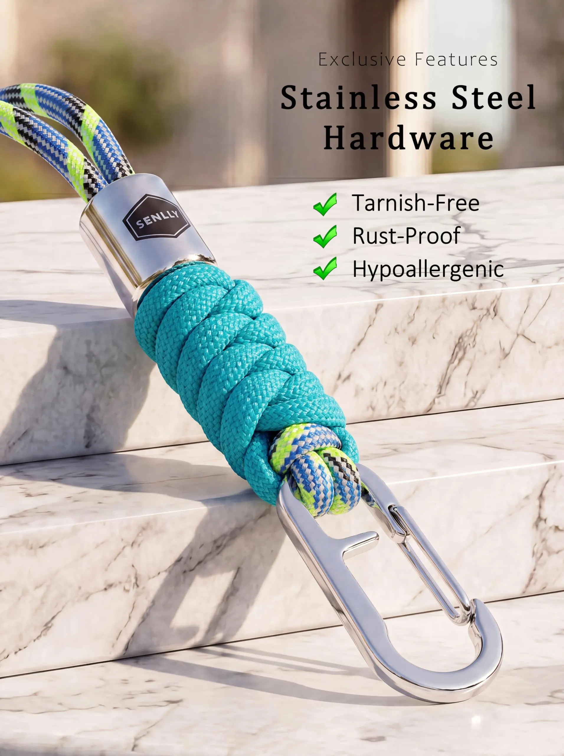 SENLLY Portachiavi da Collo in Paracord e Acciaio Inox per Chiavi, Badge e Cellulare - immagine 5