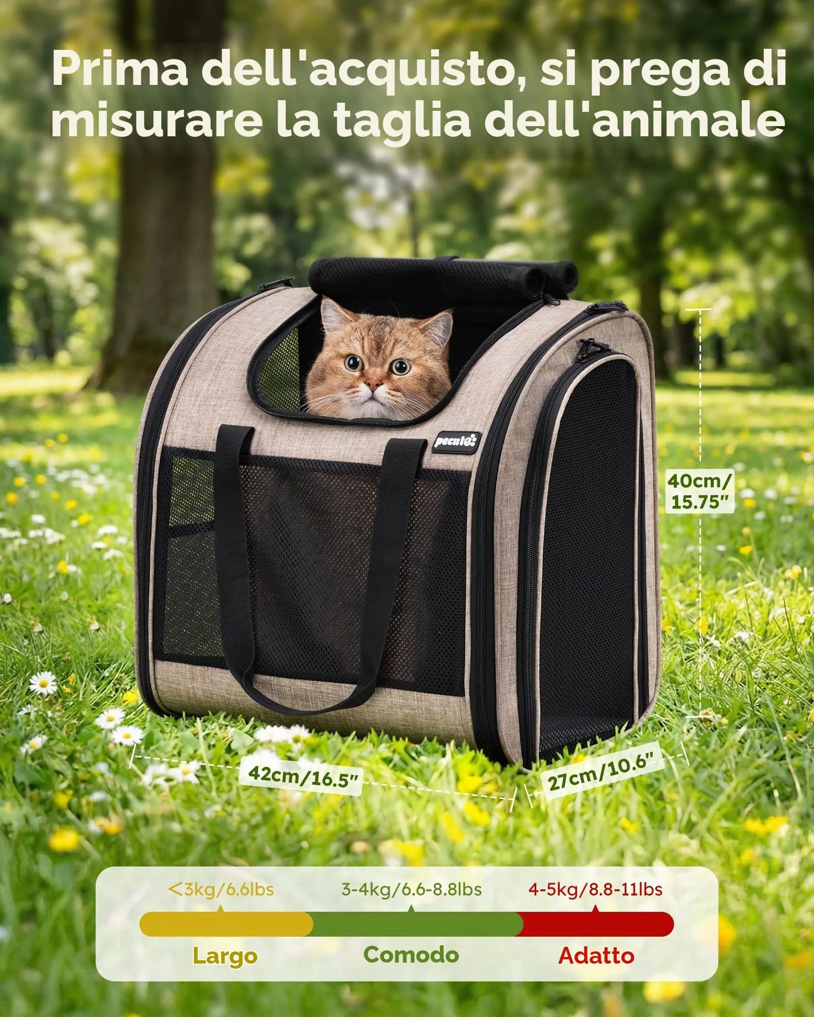 Pecute Zaino per Gatti e Cuccioli, Design Ventilato e Pieghevole, con Cinghia di Sicurezza, Cachi - immagine 2
