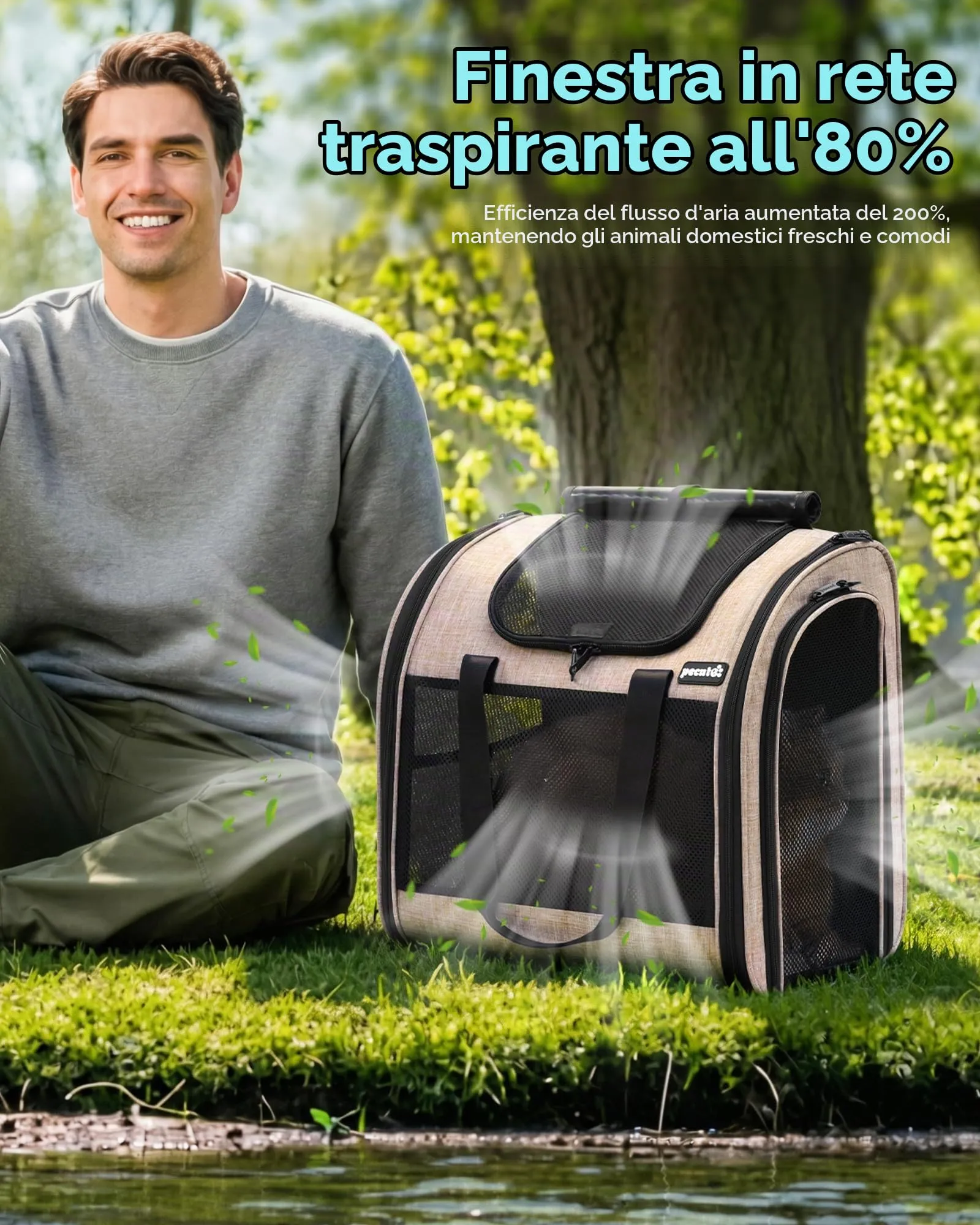 Pecute Zaino per Gatti e Cuccioli, Design Ventilato e Pieghevole, con Cinghia di Sicurezza, Cachi - immagine 6