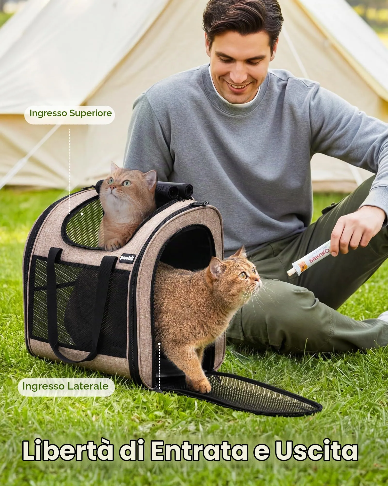 Pecute Zaino per Gatti e Cuccioli, Design Ventilato e Pieghevole, con Cinghia di Sicurezza, Cachi - immagine 7