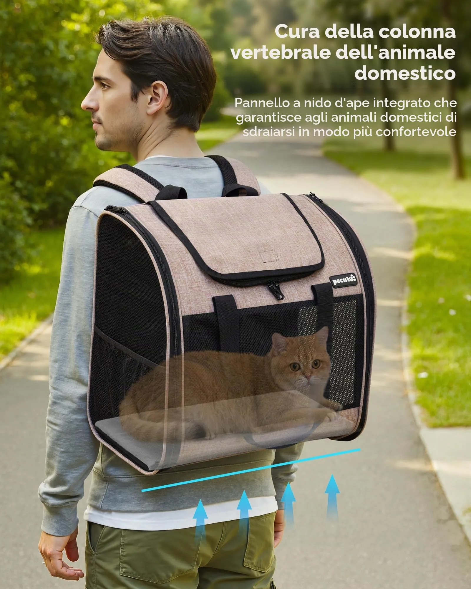 Pecute Zaino per Gatti e Cuccioli, Design Ventilato e Pieghevole, con Cinghia di Sicurezza, Cachi - immagine 8