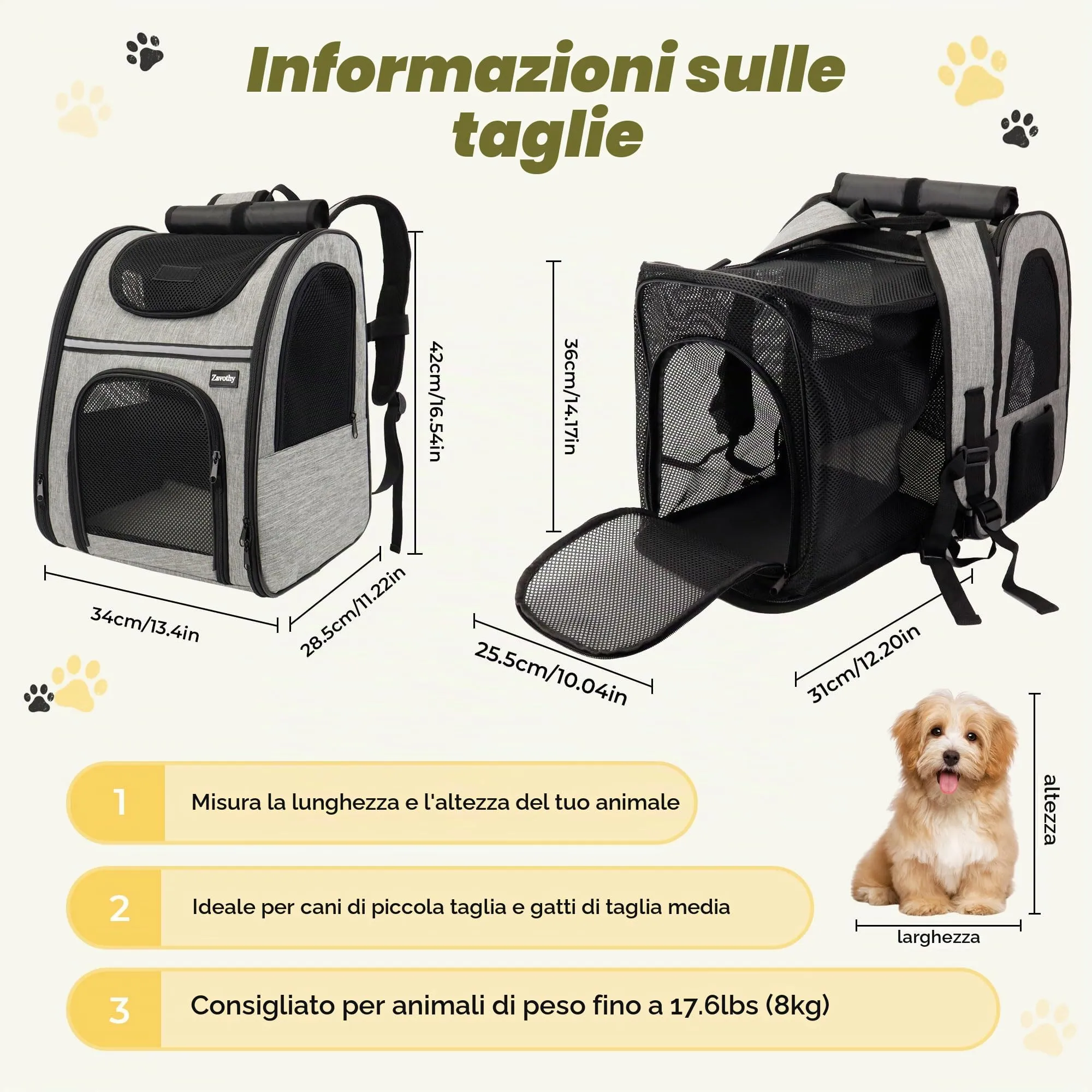 Zavothy Zaino Trasportino per Cani e Gatti, Pieghevole e Traspirante, Grigio Espandibile - immagine 2