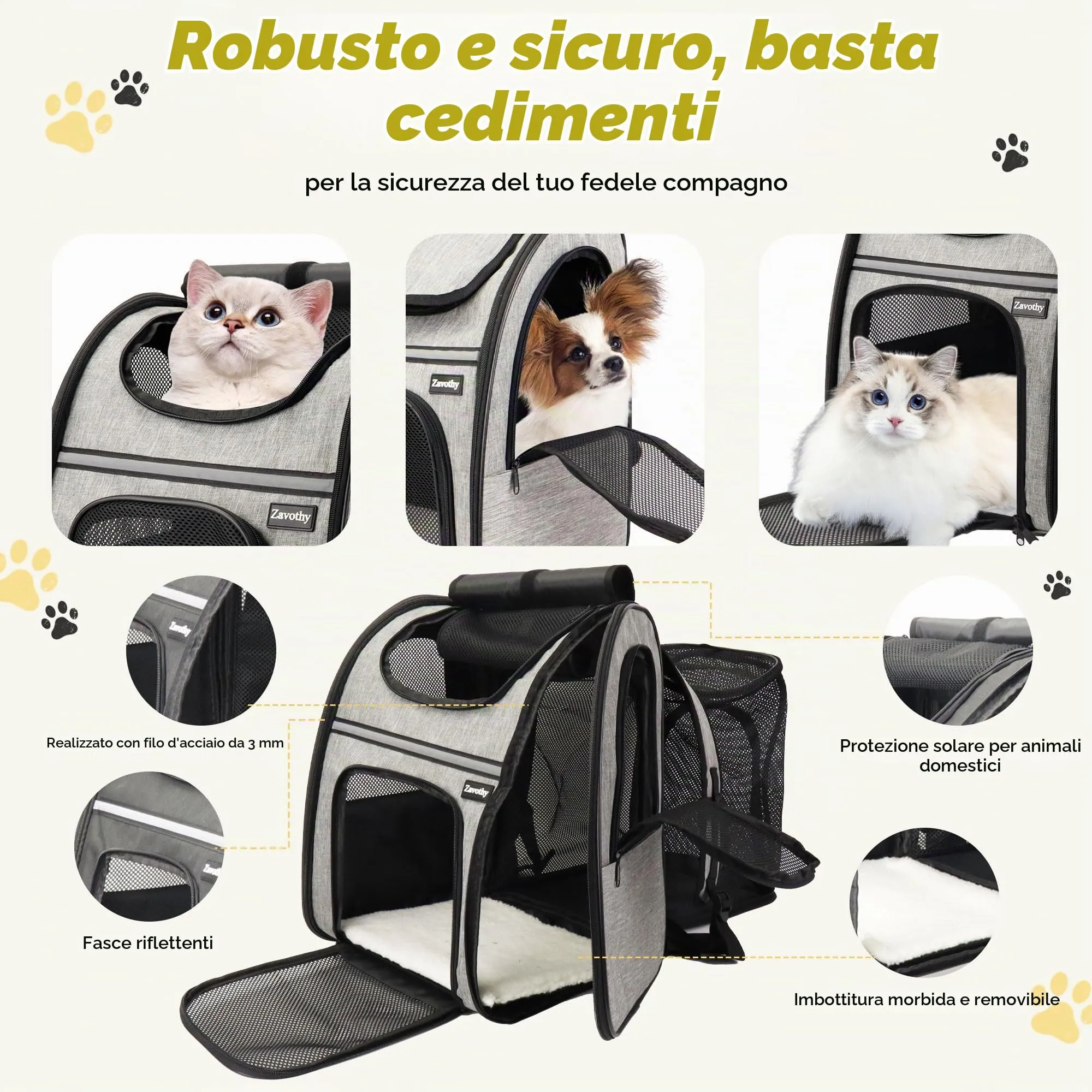 Zavothy Zaino Trasportino per Cani e Gatti, Pieghevole e Traspirante, Grigio Espandibile - immagine 3