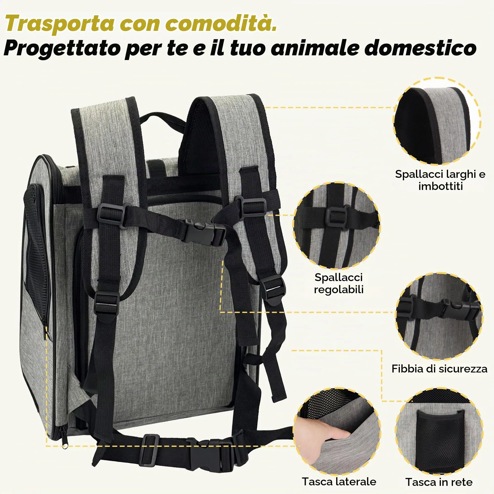 Zavothy Zaino Trasportino per Cani e Gatti, Pieghevole e Traspirante, Grigio Espandibile - immagine 4