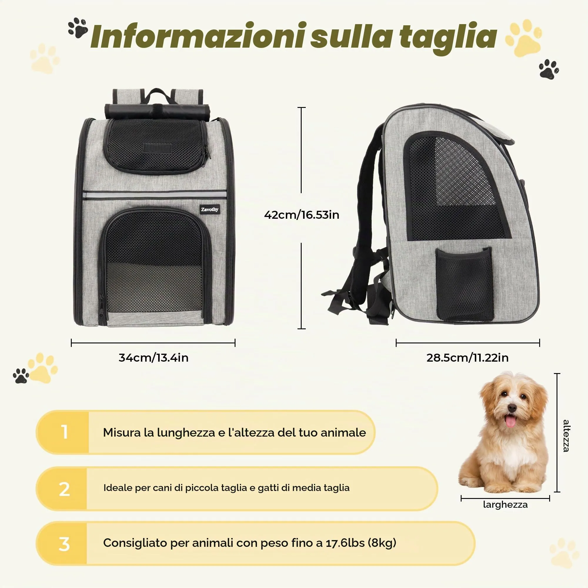 Zavothy Zaino Trasportino per Cani e Gatti, Pieghevole, Traspirante, Grigio - immagine 2