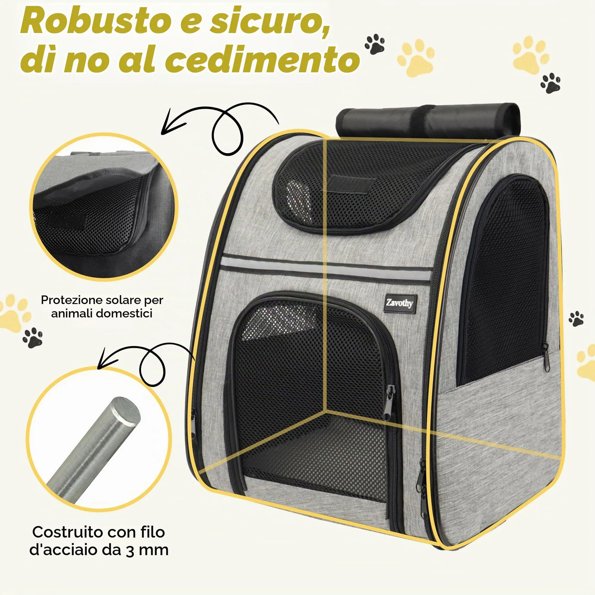 Zavothy Zaino Trasportino per Cani e Gatti, Pieghevole, Traspirante, Grigio - immagine 3