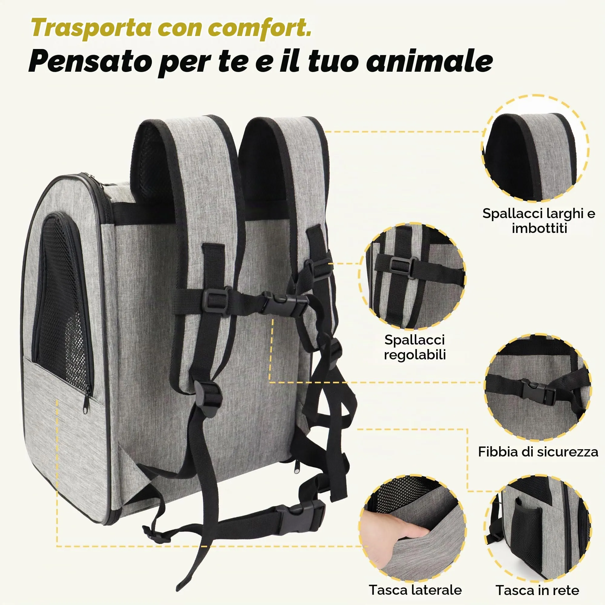 Zavothy Zaino Trasportino per Cani e Gatti, Pieghevole, Traspirante, Grigio - immagine 4