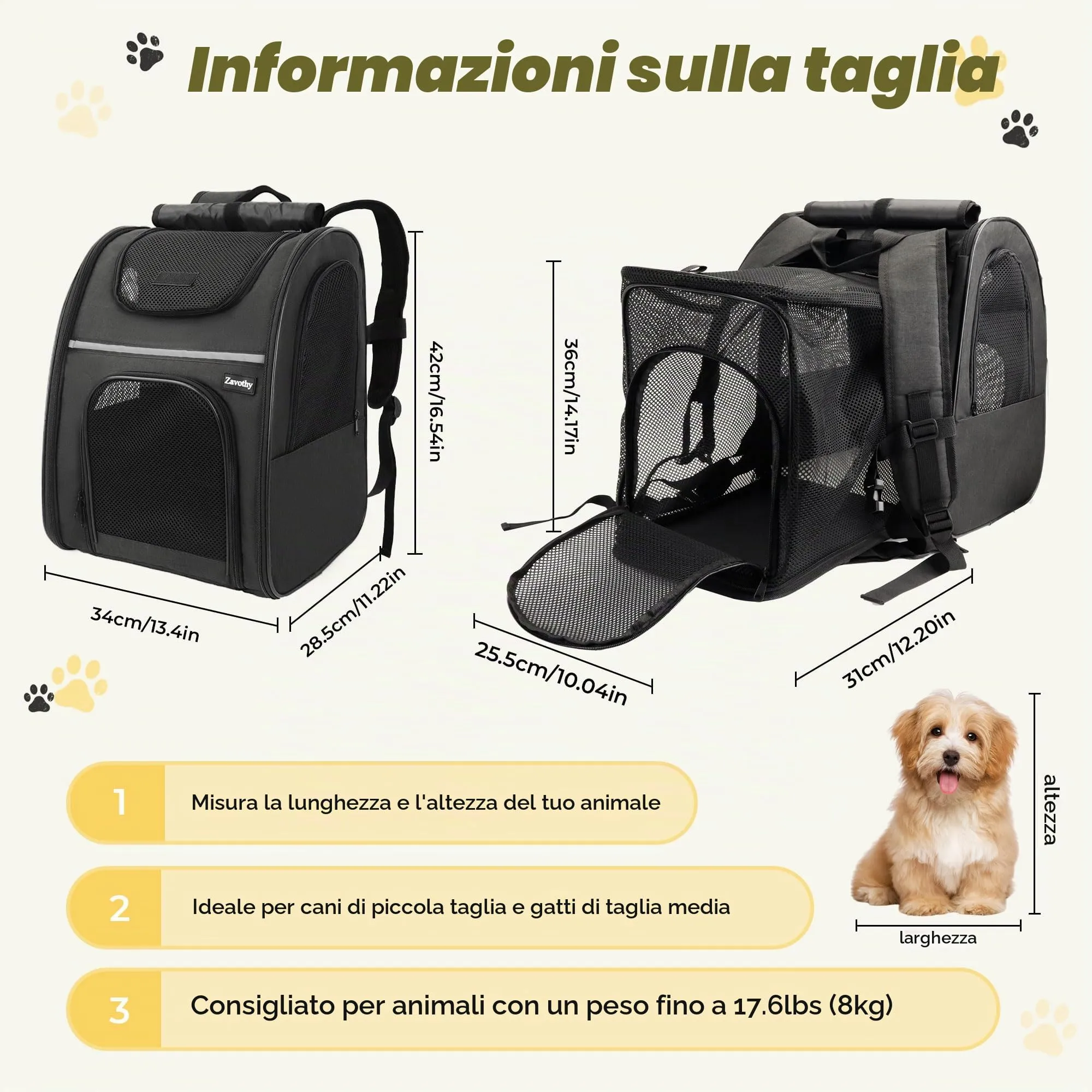 Zavothy Zaino Trasportino per Cani e Gatti, Pieghevole e Traspirante, Nero - immagine 2