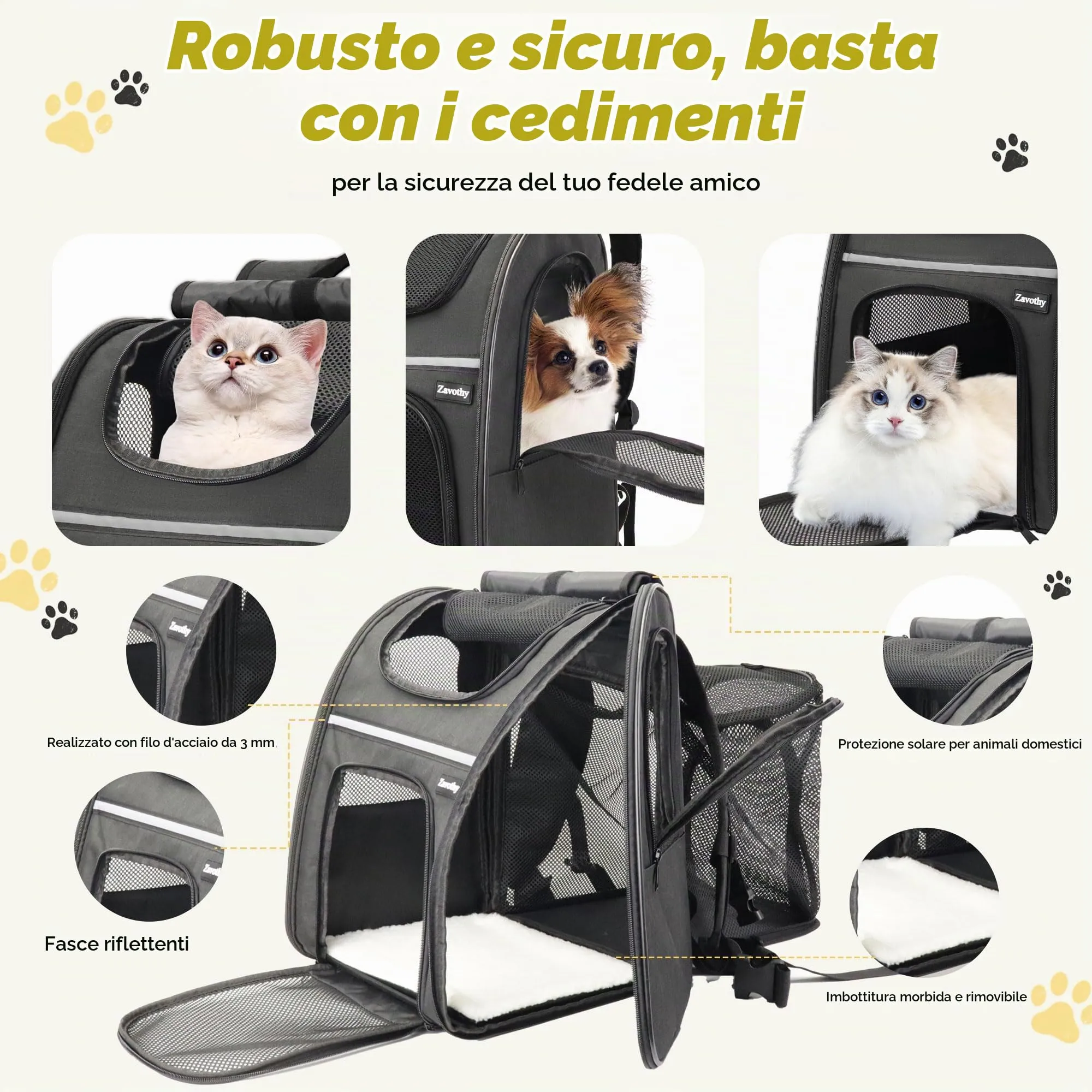 Zavothy Zaino Trasportino per Cani e Gatti, Pieghevole e Traspirante, Nero - immagine 3
