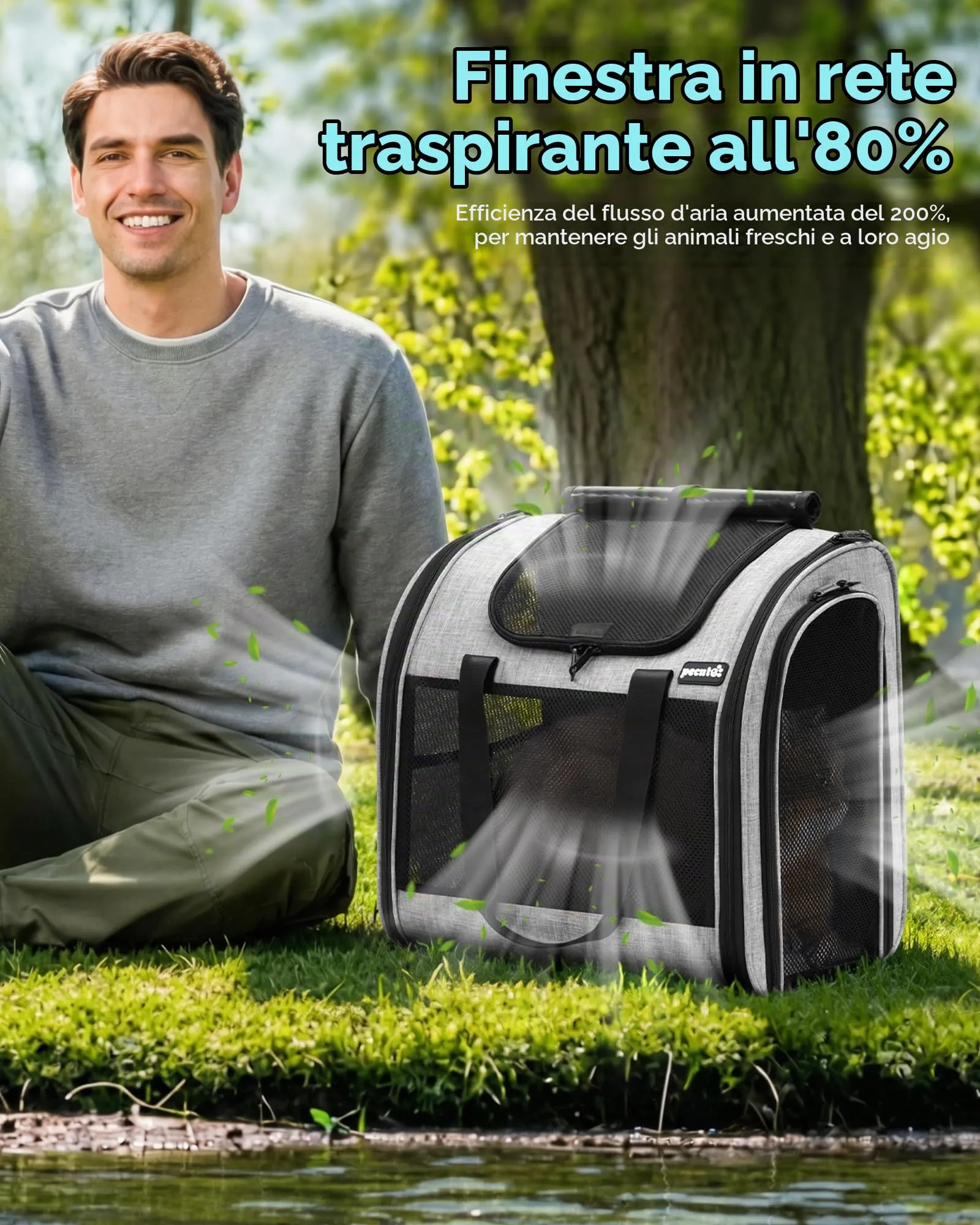Pecute Zaino per Gatti e Cuccioli Pieghevole, Design Ventilato con Cinghia di Sicurezza, Grigio - immagine 5